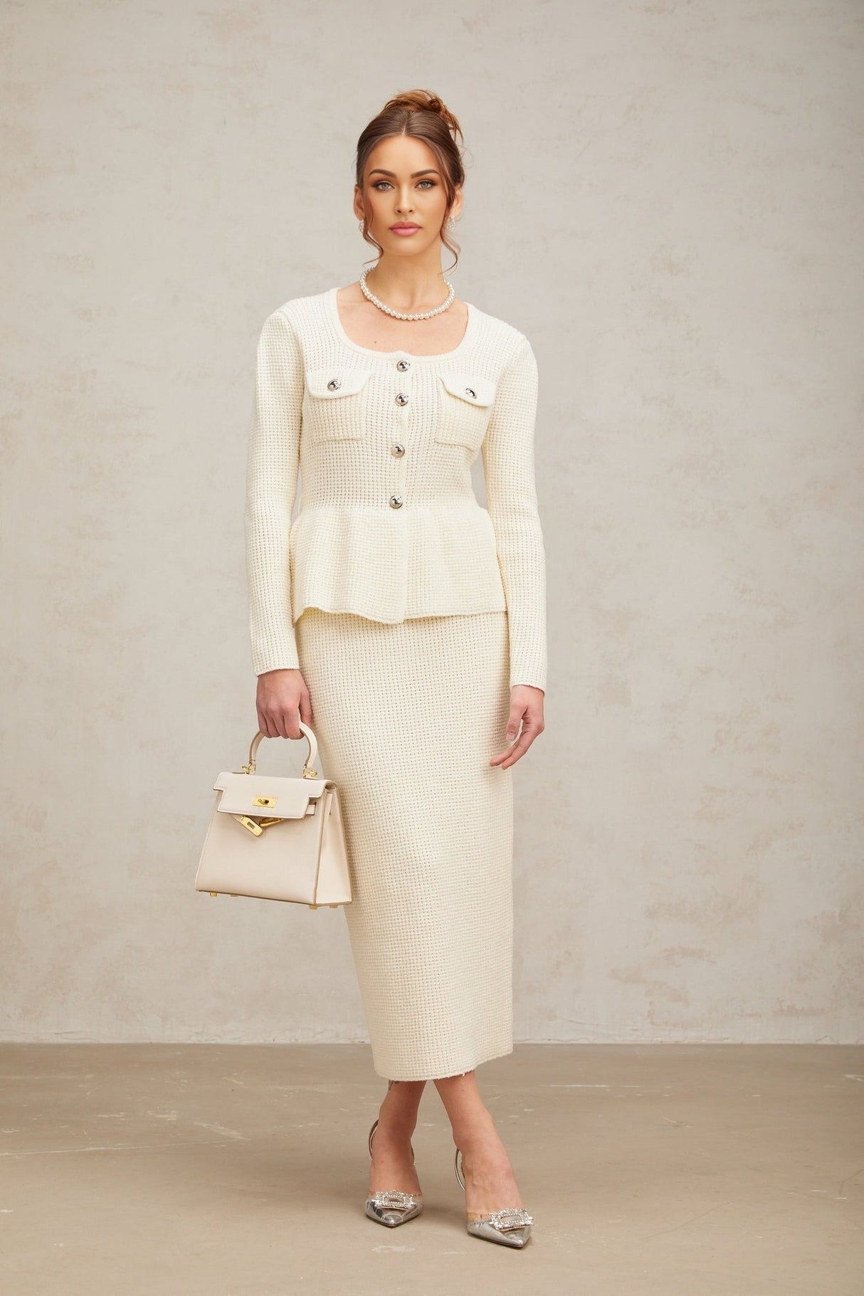 Edvige Top & Skirt Set - Square Neck - Peplum Waist - Embossed Buttons - Knitted Construction - Slip - On Style