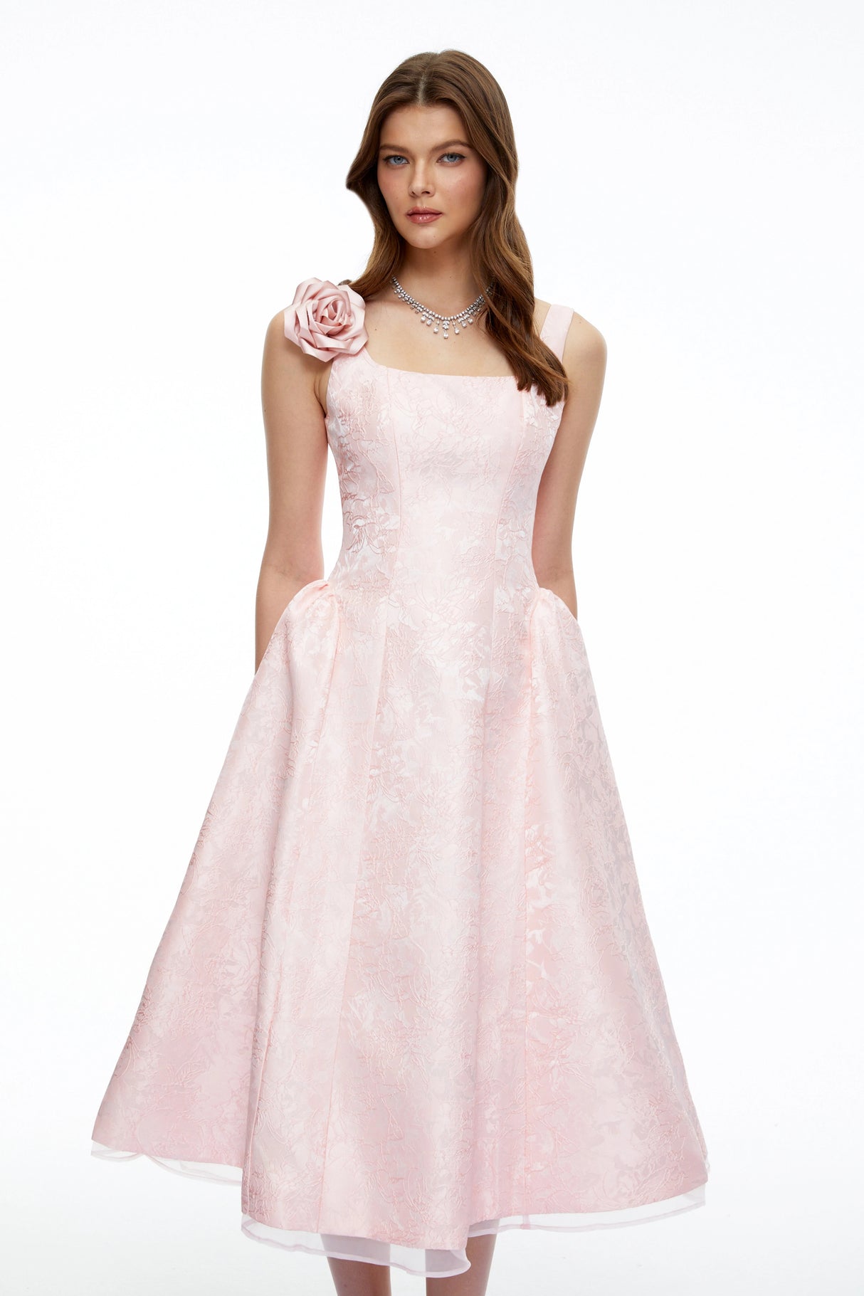 Edwina Pink Square Neck Floral Midi Dress