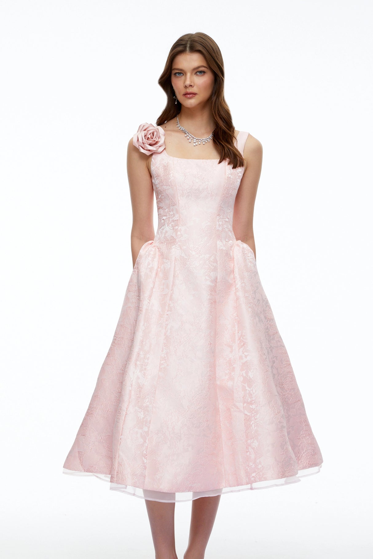 Edwina Pink Square Neck Floral Midi Dress