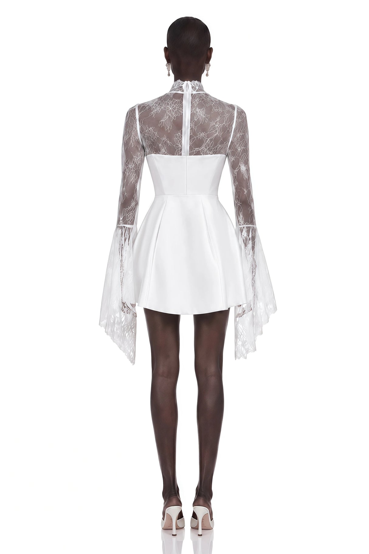 Eevi White Turtleneck Ruched Mini Dress with Lace Panels
