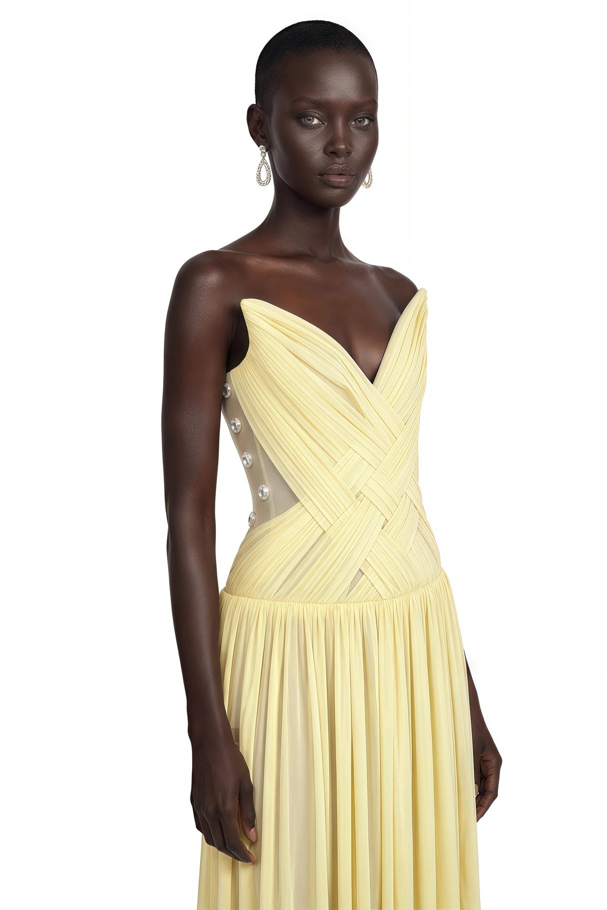 Eglantine Yellow Cross Front Ruched Maxi Dress