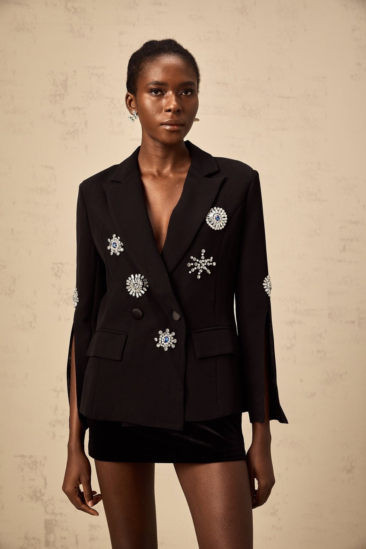 Egle Blazer - Peak Lapels - Crystal Embellishment - Cinched Waist - Front Button Fastening