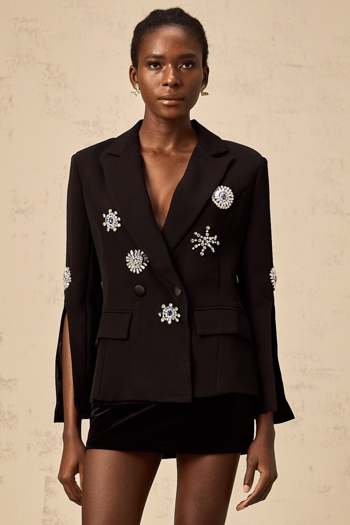 Egle Blazer - Peak Lapels - Crystal Embellishment - Cinched Waist - Front Button Fastening