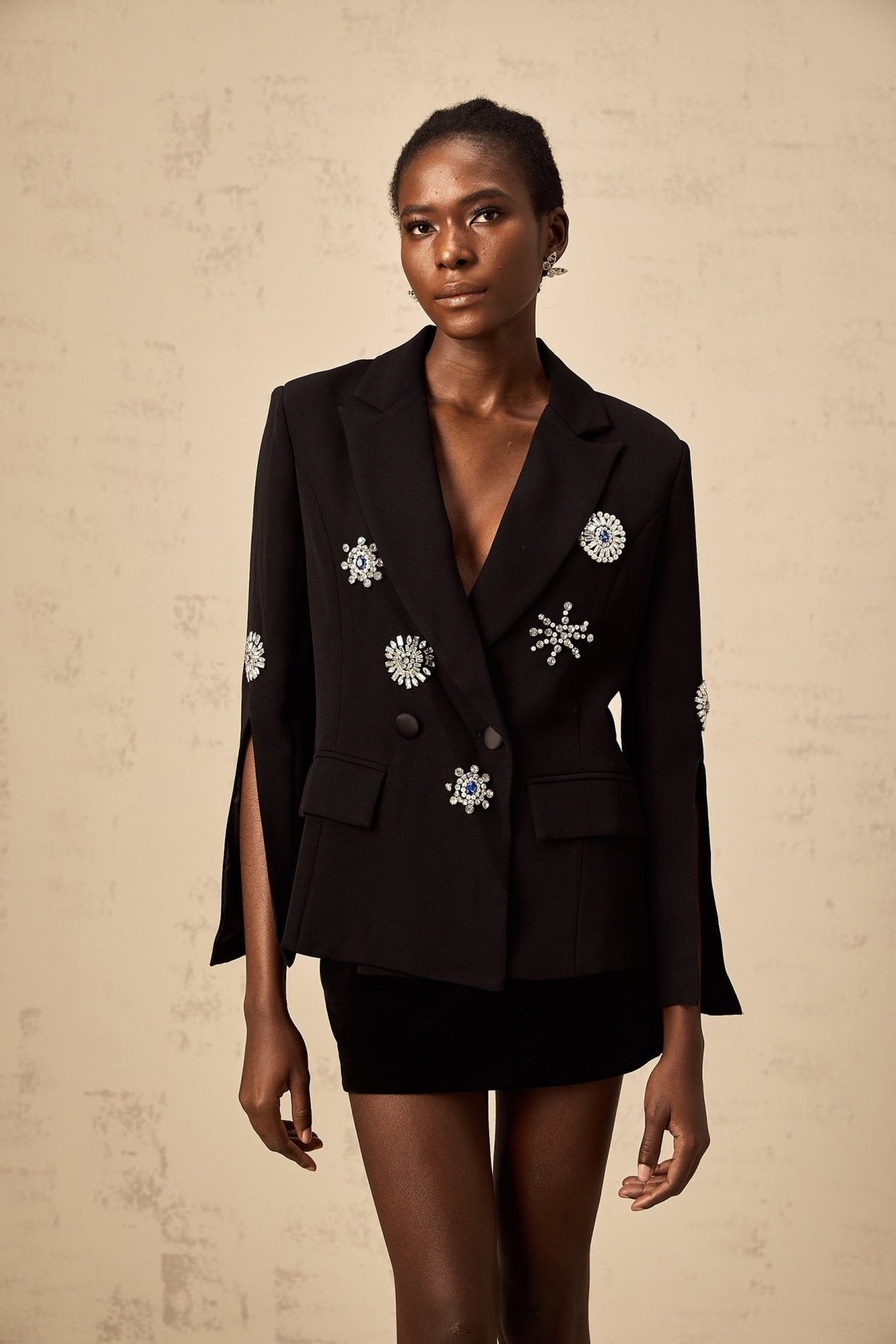Egle Blazer - Peak Lapels - Crystal Embellishment - Cinched Waist - Front Button Fastening
