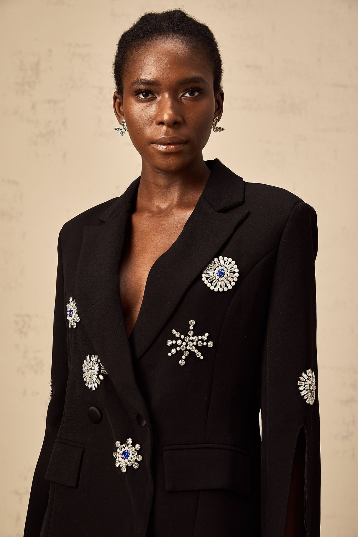 Egle Blazer - Peak Lapels - Crystal Embellishment - Cinched Waist - Front Button Fastening