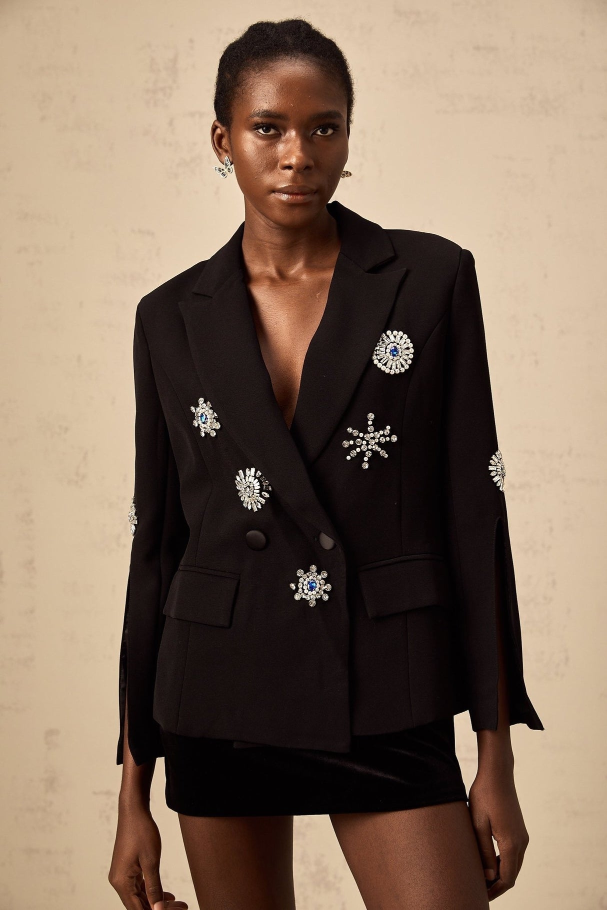 Egle Blazer - Peak Lapels - Crystal Embellishment - Cinched Waist - Front Button Fastening