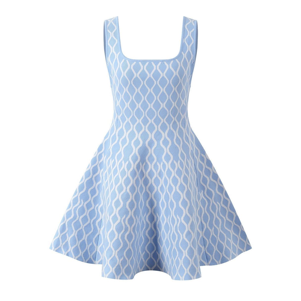 Egle Dress - Flared A - Line Silhouette - Wavy Pattern - Square Neckline - Lightweight Breathable Fabric - Retro - Inspired Trendy Design