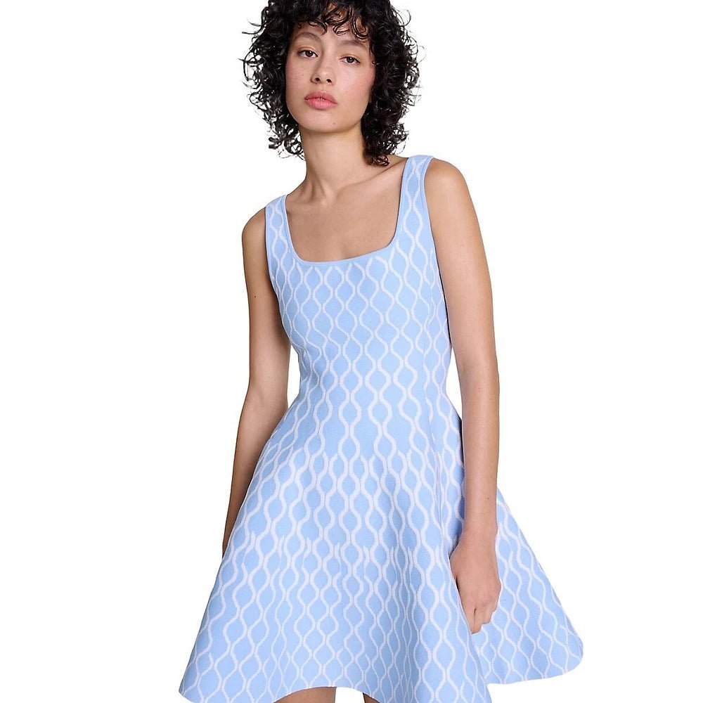 Egle Dress - Flared A - Line Silhouette - Wavy Pattern - Square Neckline - Lightweight Breathable Fabric - Retro - Inspired Trendy Design