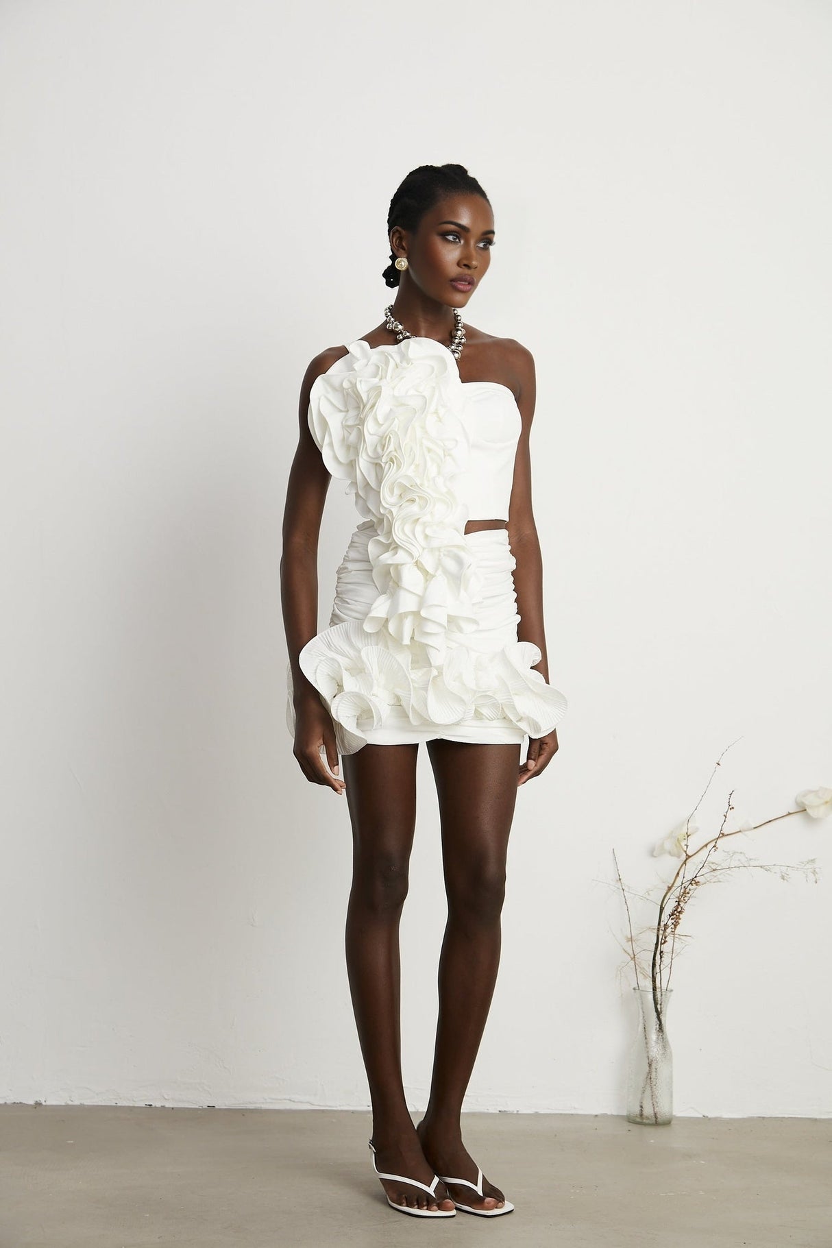 Egle Mini Dress - Ruffled and Ruched Detailing - High - waisted - Asymmetric Design