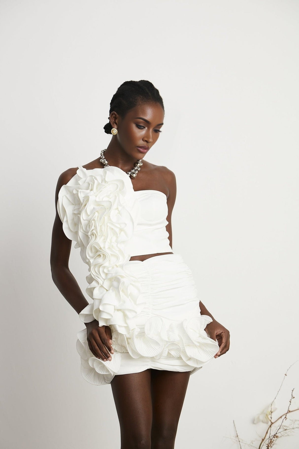 Egle Mini Dress - Ruffled and Ruched Detailing - High - waisted - Asymmetric Design