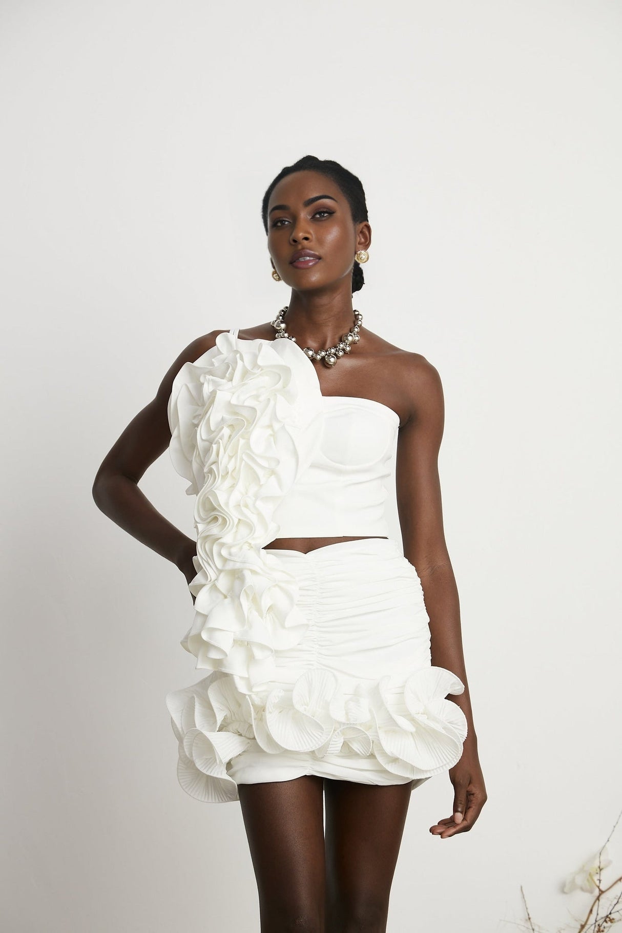 Egle Mini Dress - Ruffled and Ruched Detailing - High - waisted - Asymmetric Design