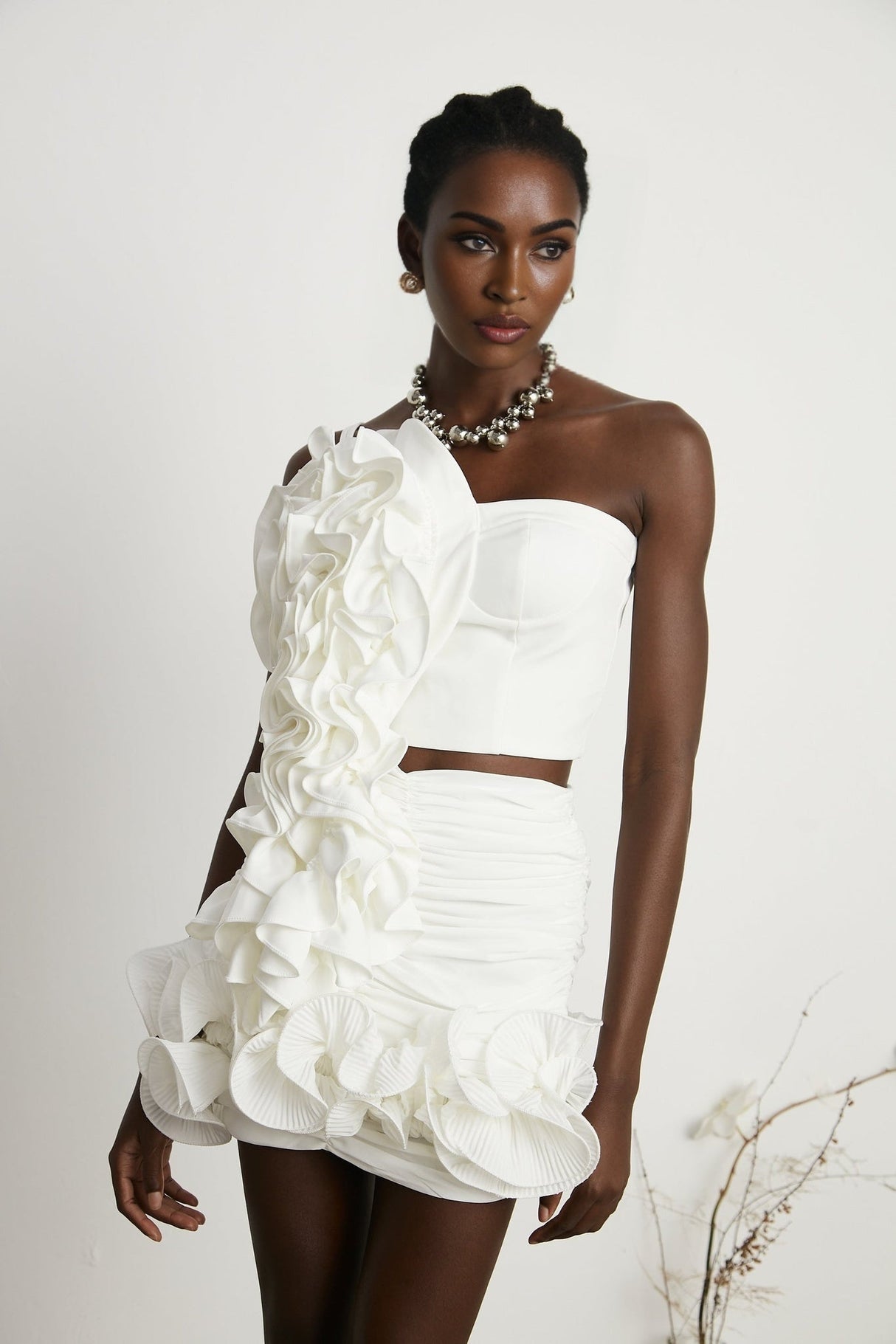 Egle Mini Dress - Ruffled and Ruched Detailing - High - waisted - Asymmetric Design