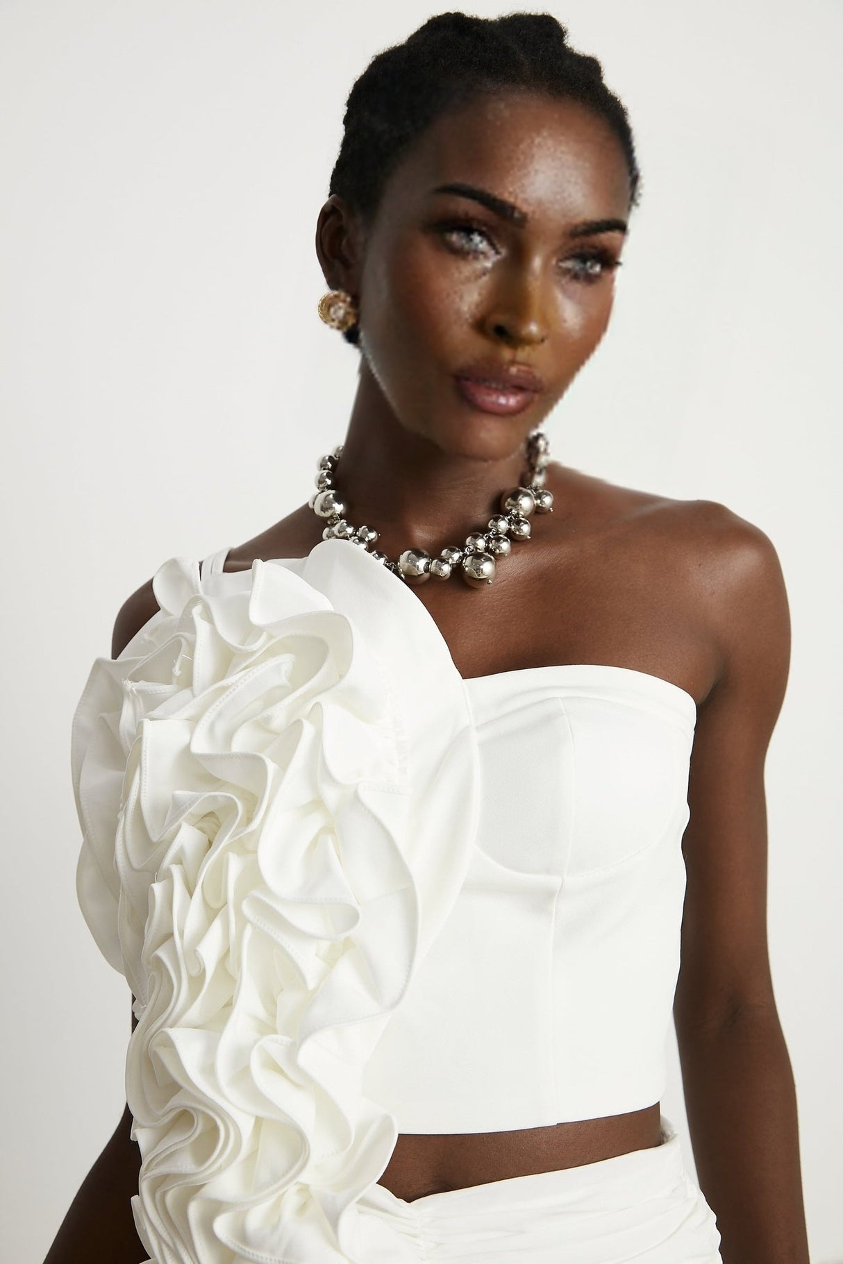 Egle Mini Dress - Ruffled and Ruched Detailing - High - waisted - Asymmetric Design