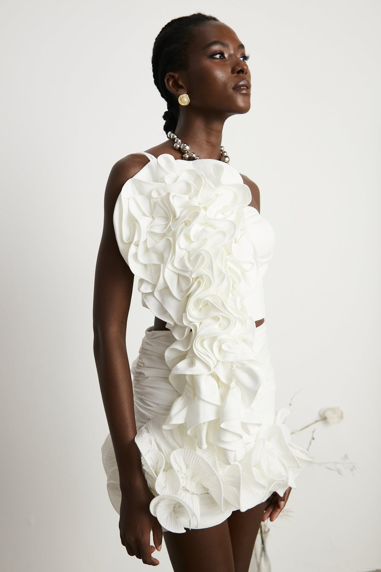 Egle Mini Dress - Ruffled and Ruched Detailing - High - waisted - Asymmetric Design