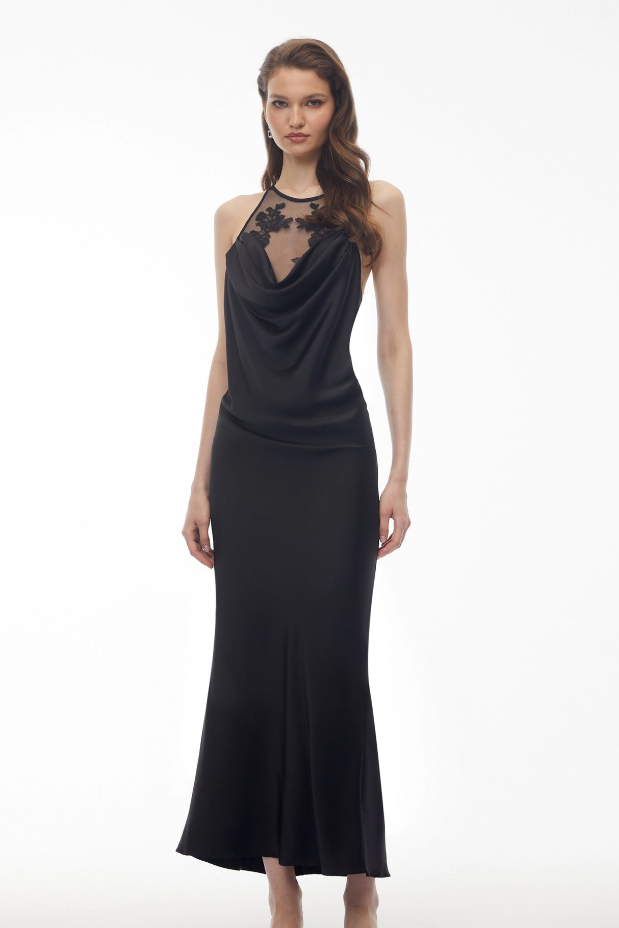 Eila Black SemiSheer Draped Maxi Dress