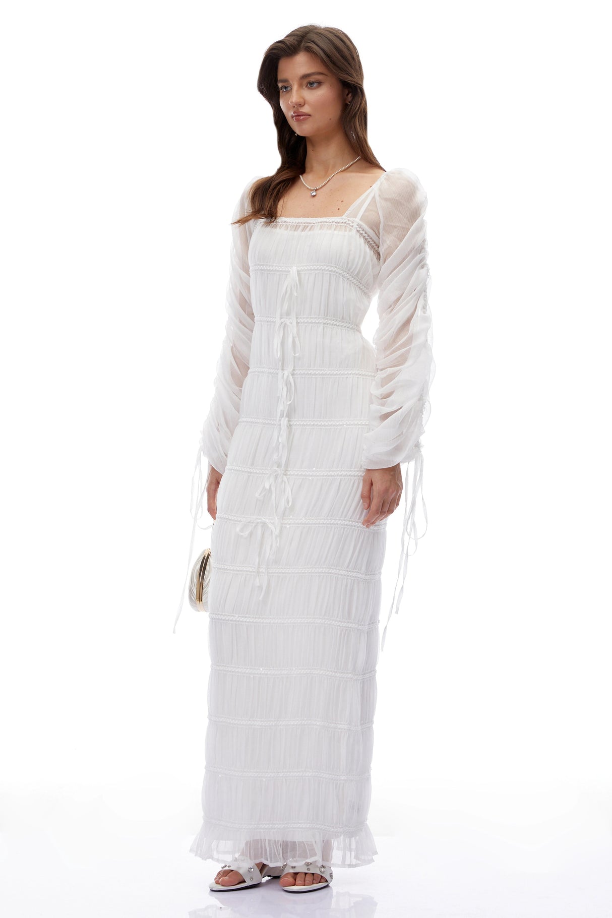 Eileen White Puff Sleeves Ruched Maxi Dress
