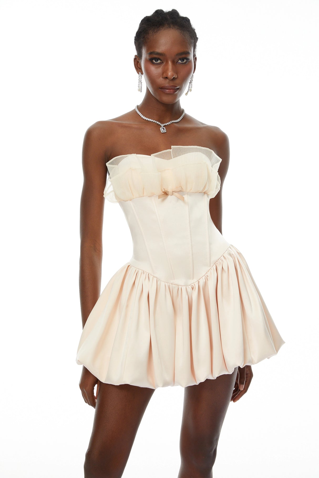 Eira Neutral Strapless Bubble Hem Mini Dress