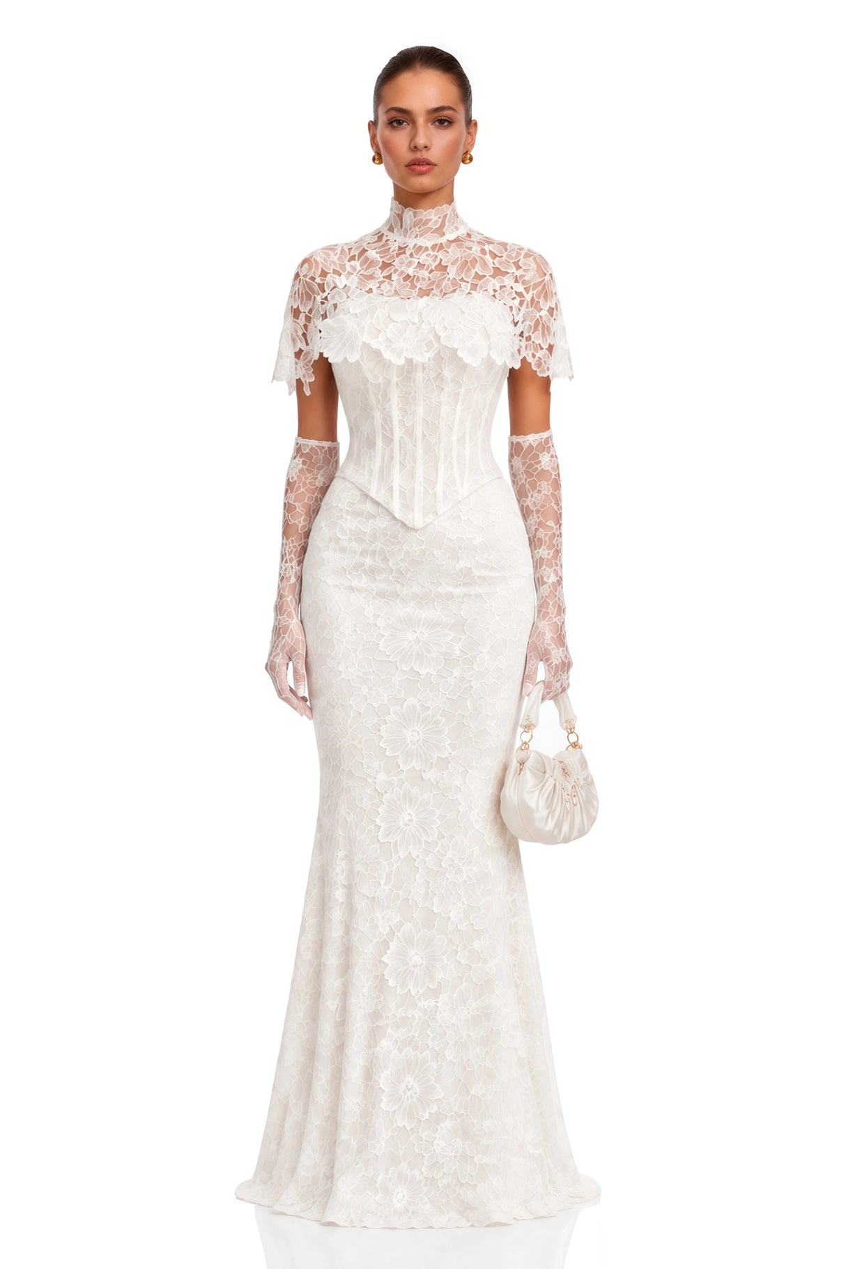 Eirian White High Neck Lace Maxi Dress with Cape Sleeves