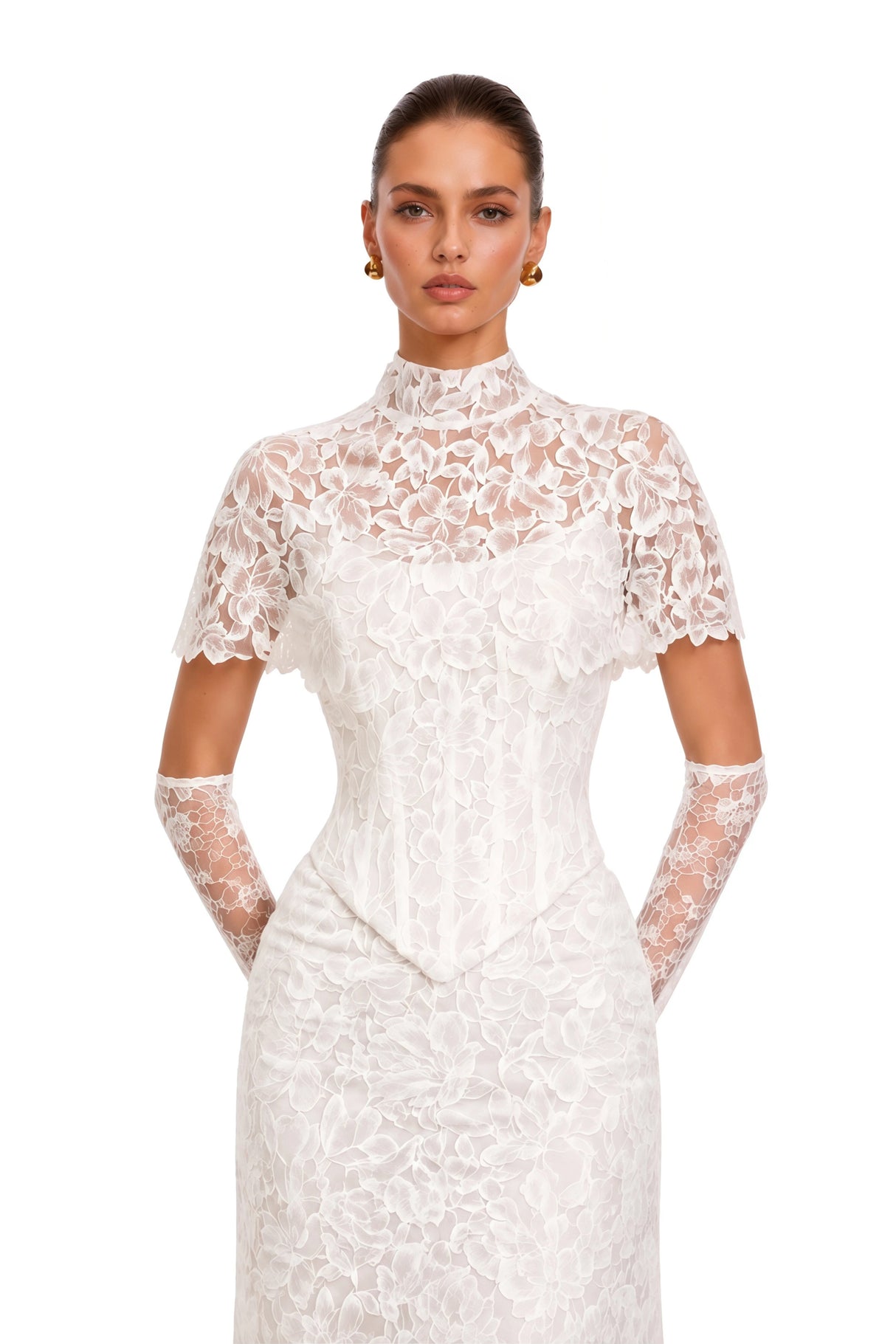 Eirian White High Neck Lace Maxi Dress with Cape Sleeves
