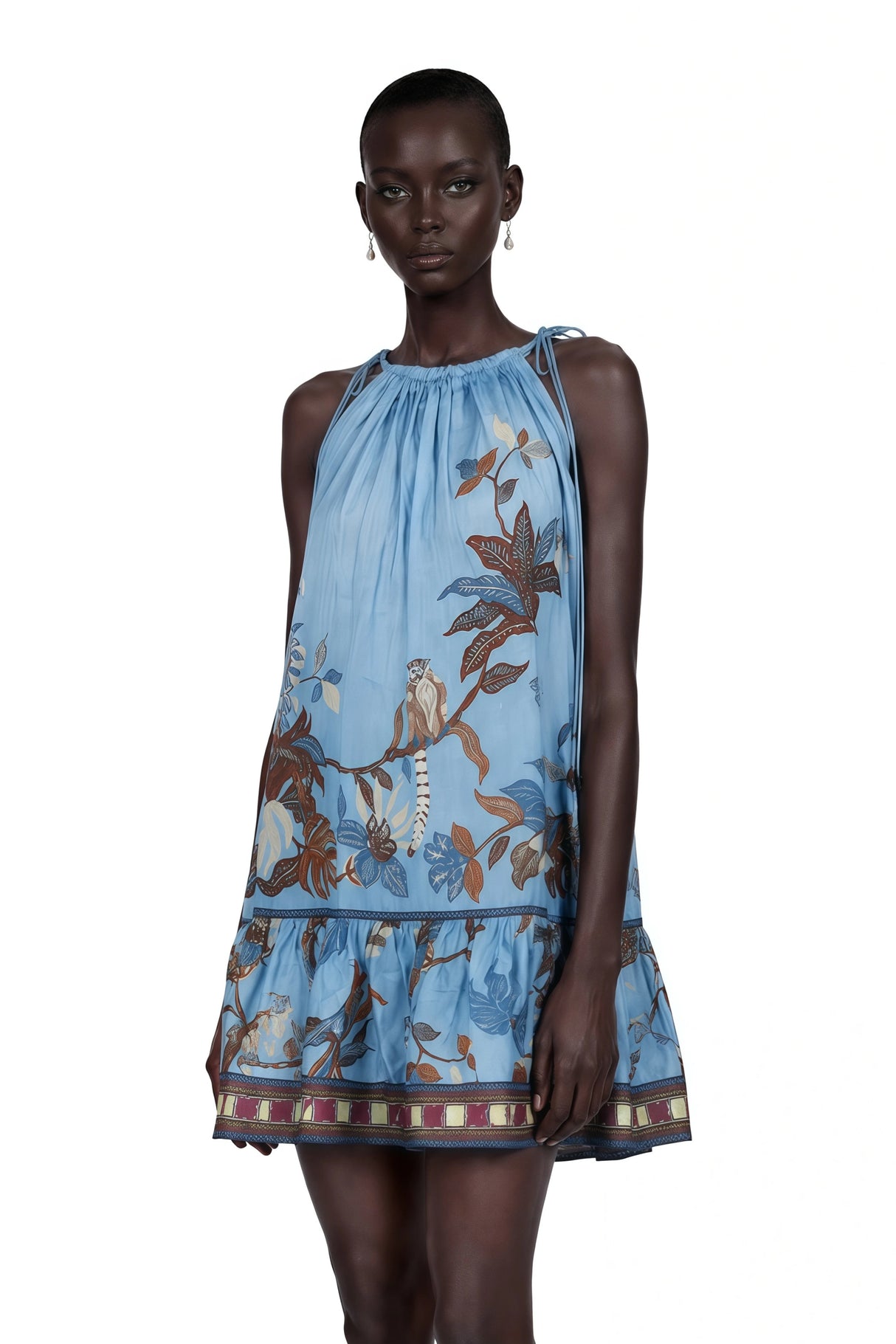 Eirlys Blue Tropical Bird Printed Ruched Mini Dress