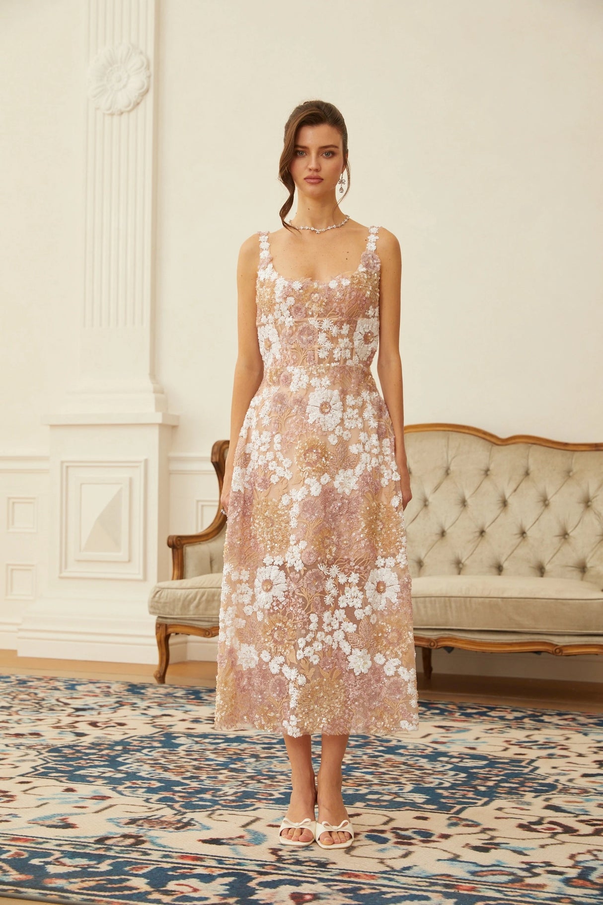 Eirlys Neutral Sequined Floral Tulle Midi Dress