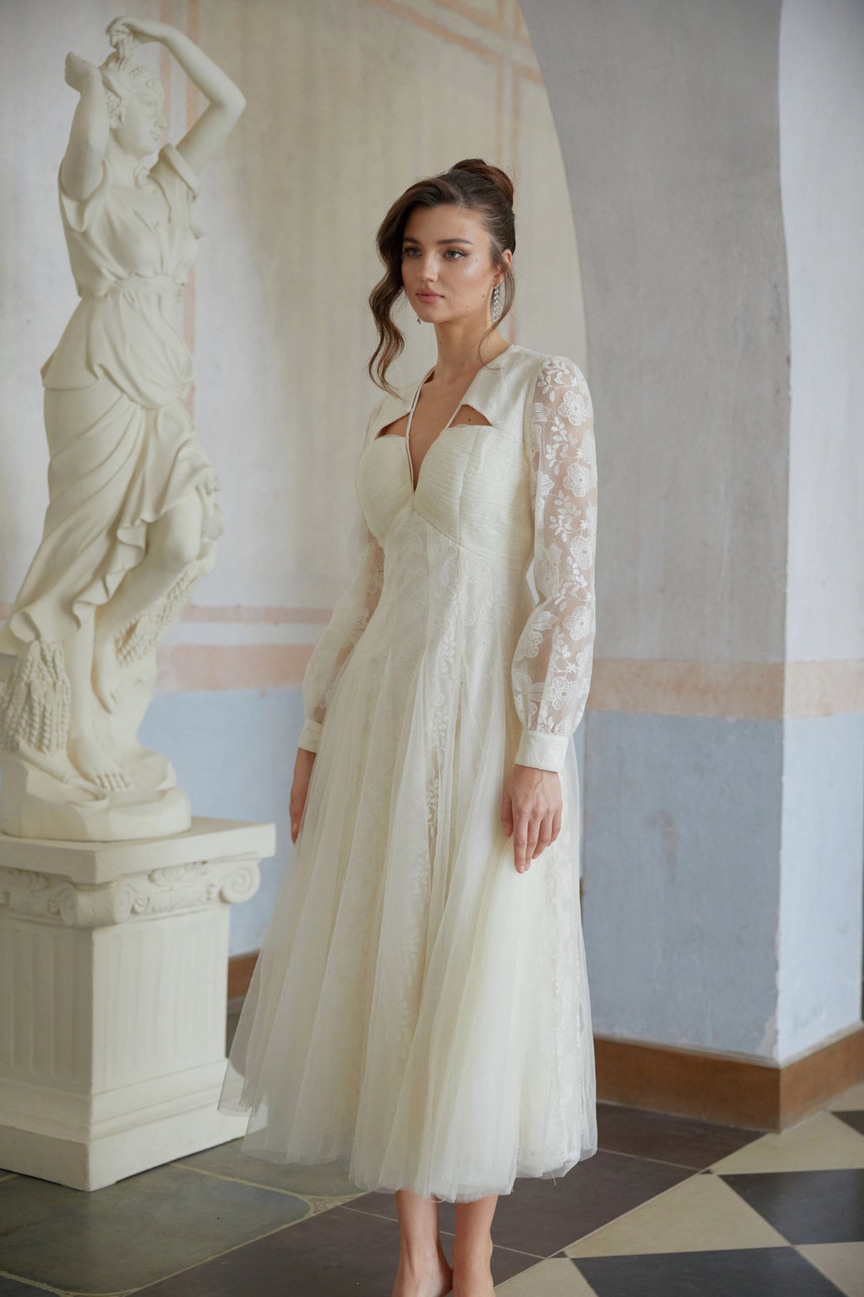 Eirlys White Floral Lace Tulle Midi Dress