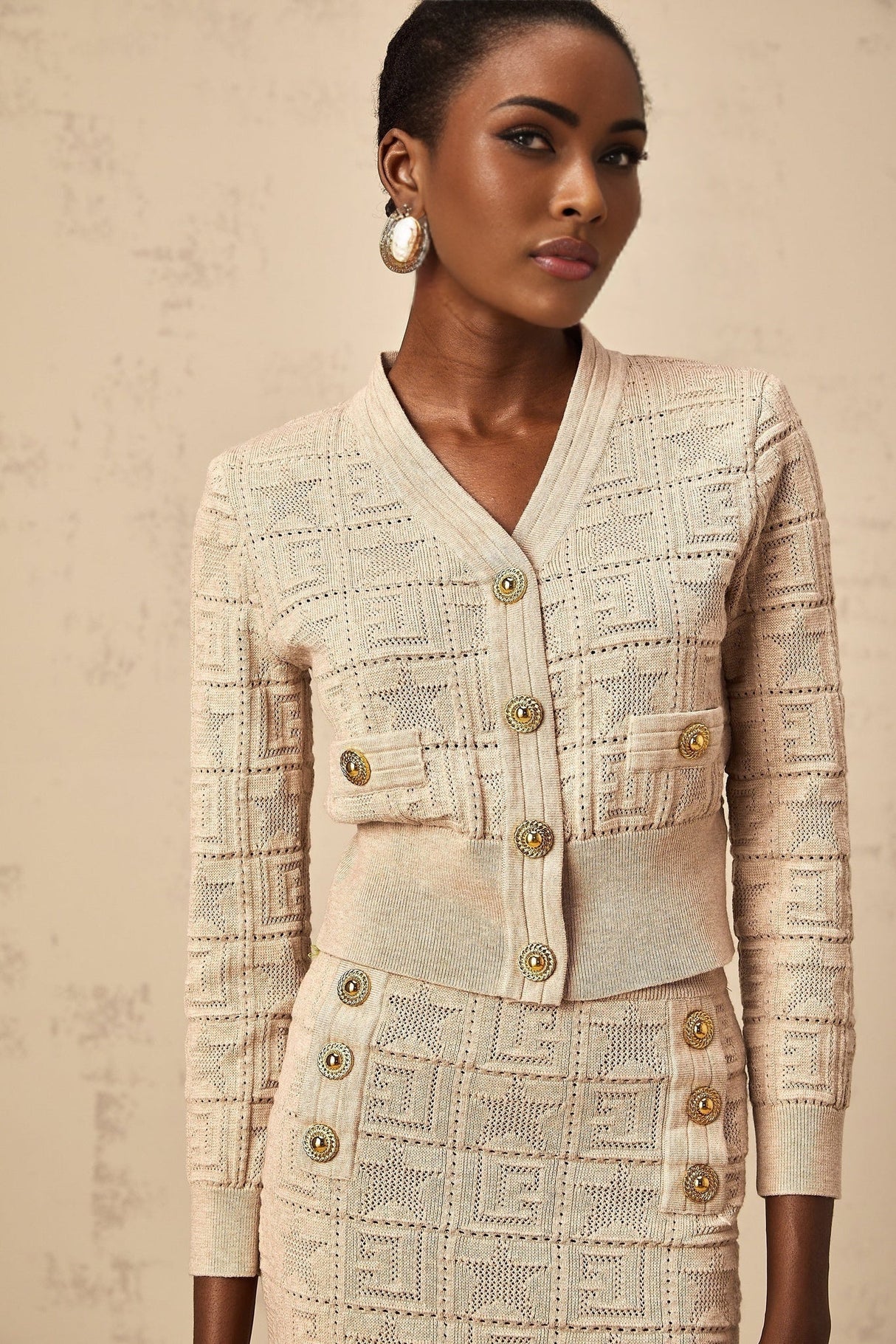 Elaina Cardigan & Skirt - V - Neck Design - Wool Blend - Star Logo Motif - Elasticated Waistband