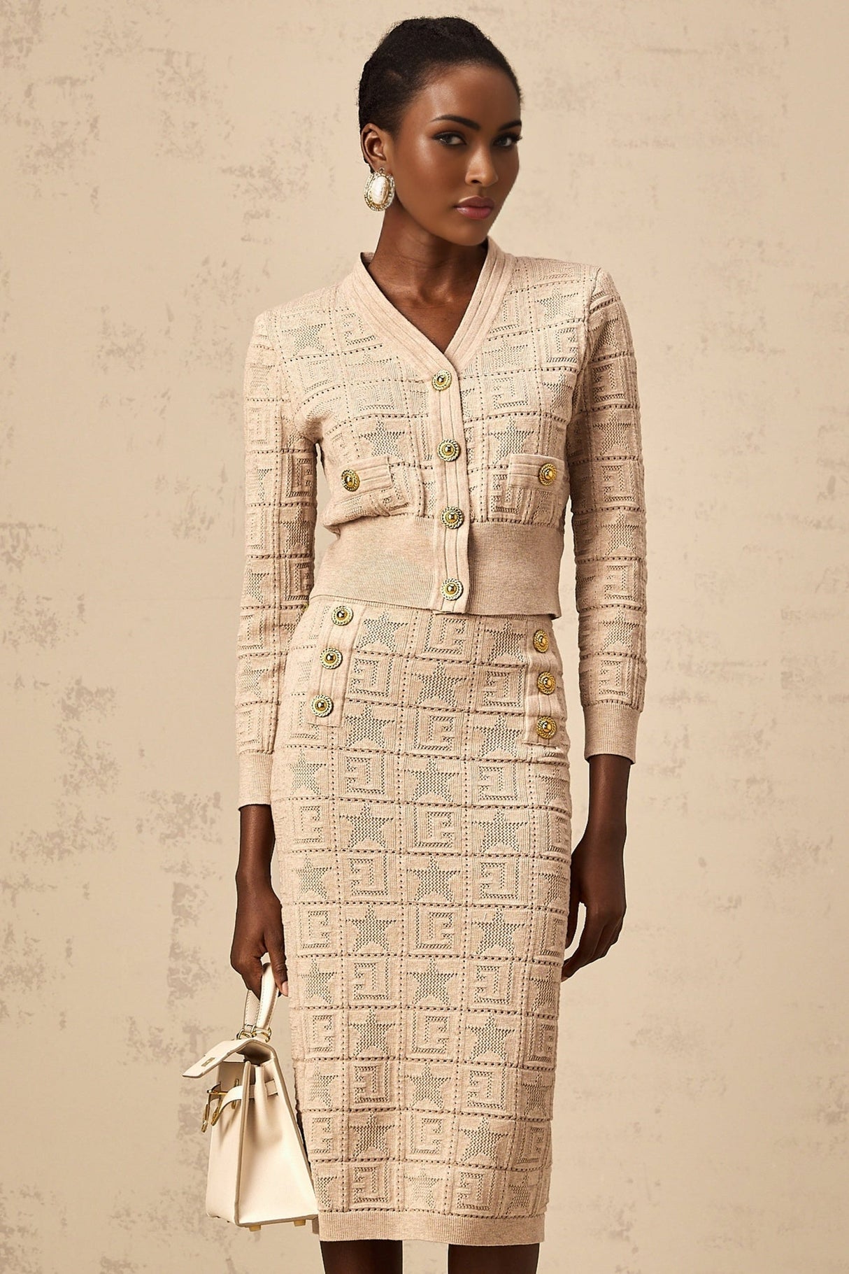 Elaina Cardigan & Skirt - V - Neck Design - Wool Blend - Star Logo Motif - Elasticated Waistband