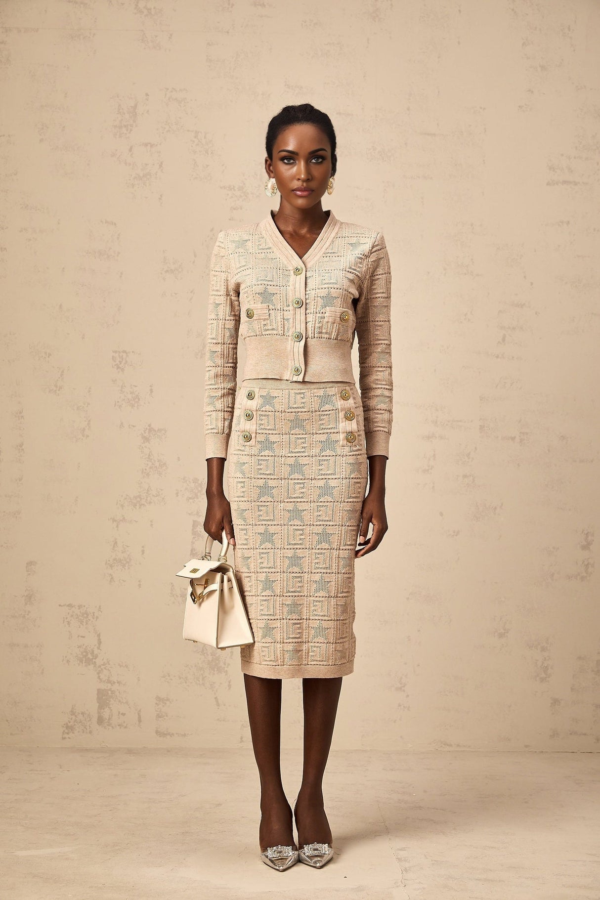 Elaina Cardigan & Skirt - V - Neck Design - Wool Blend - Star Logo Motif - Elasticated Waistband