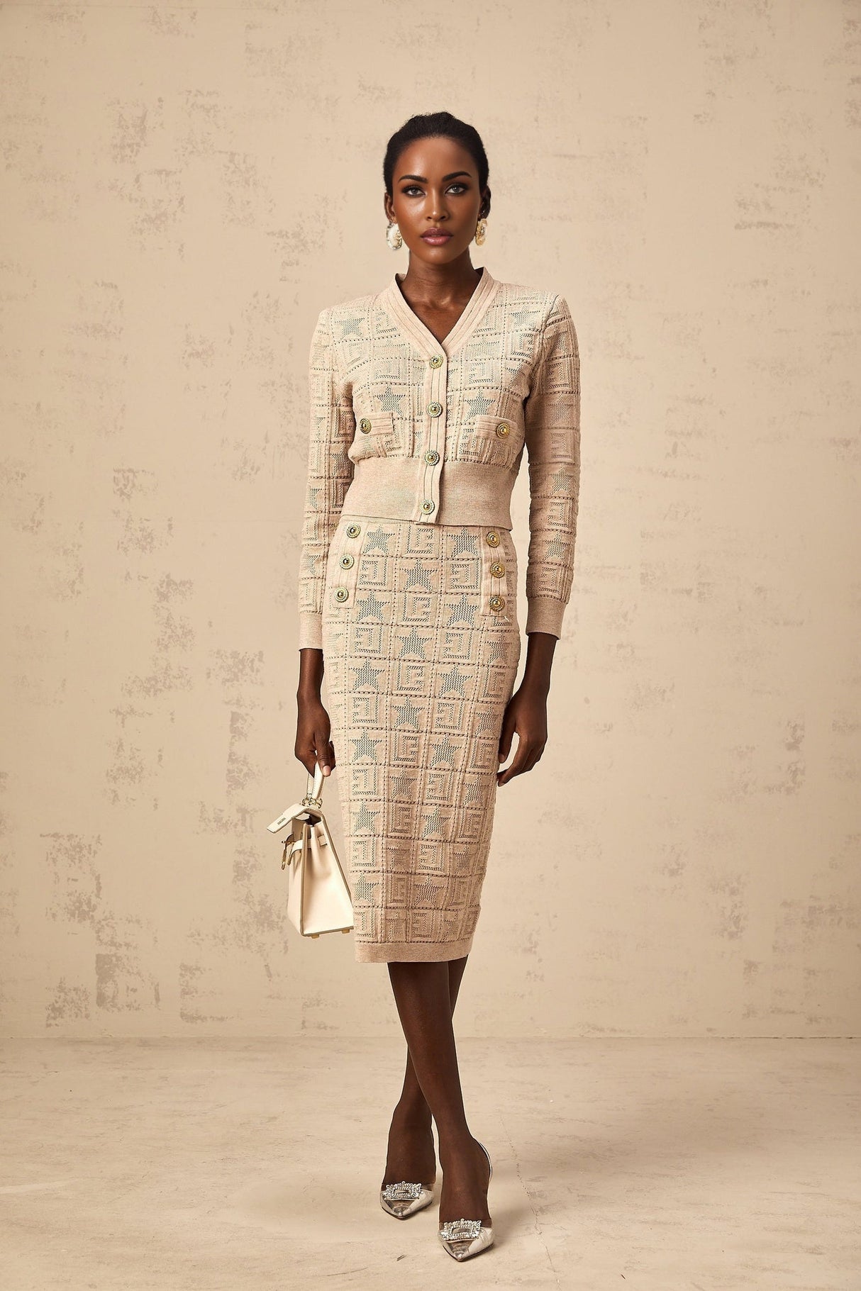 Elaina Cardigan & Skirt - V - Neck Design - Wool Blend - Star Logo Motif - Elasticated Waistband