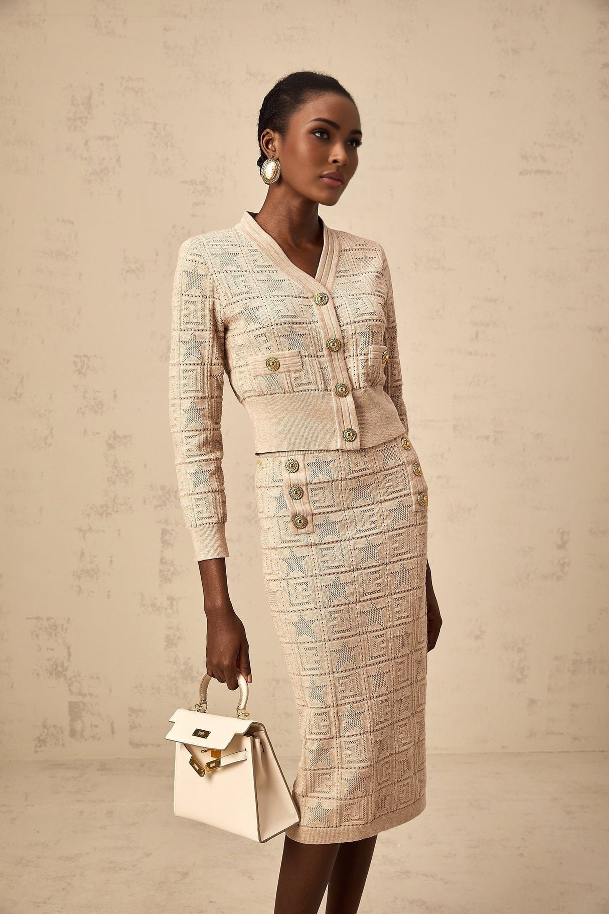 Elaina Cardigan & Skirt - V - Neck Design - Wool Blend - Star Logo Motif - Elasticated Waistband