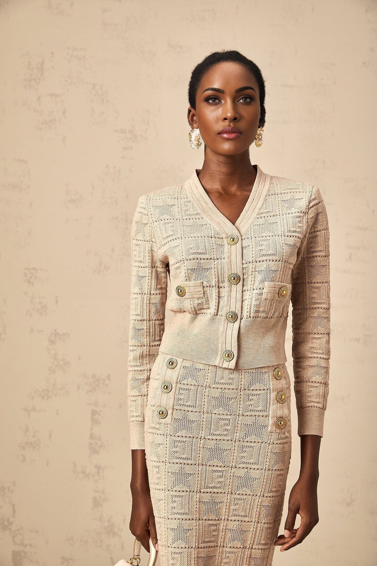 Elaina Cardigan & Skirt - V - Neck Design - Wool Blend - Star Logo Motif - Elasticated Waistband