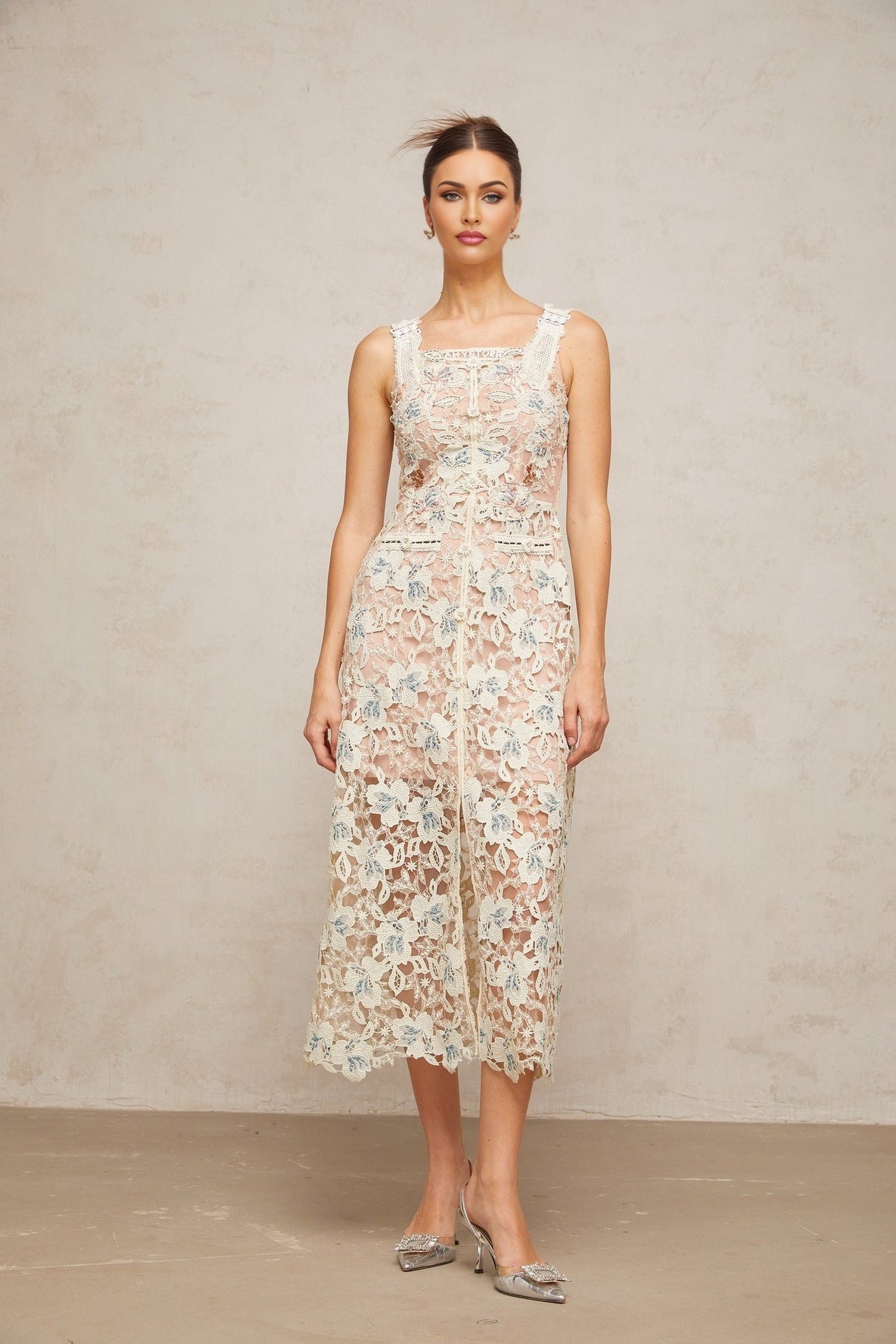 Elaina Midi Dress - Square Neck - Sleeveless - Floral Lace - Front Slit - Crystal Buttons