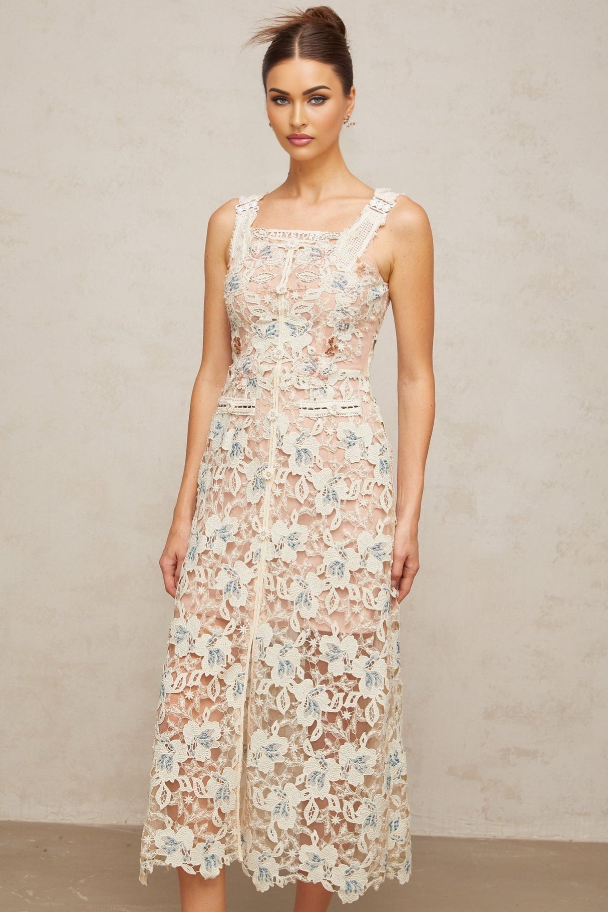 Elaina Midi Dress - Square Neck - Sleeveless - Floral Lace - Front Slit - Crystal Buttons
