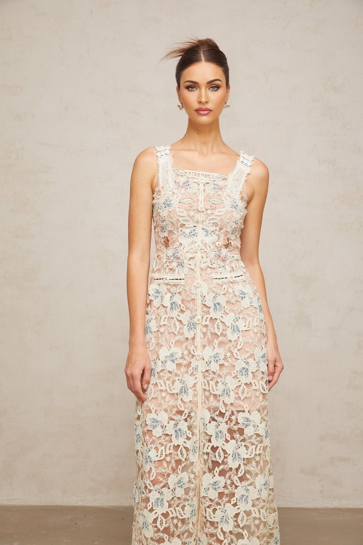 Elaina Midi Dress - Square Neck - Sleeveless - Floral Lace - Front Slit - Crystal Buttons