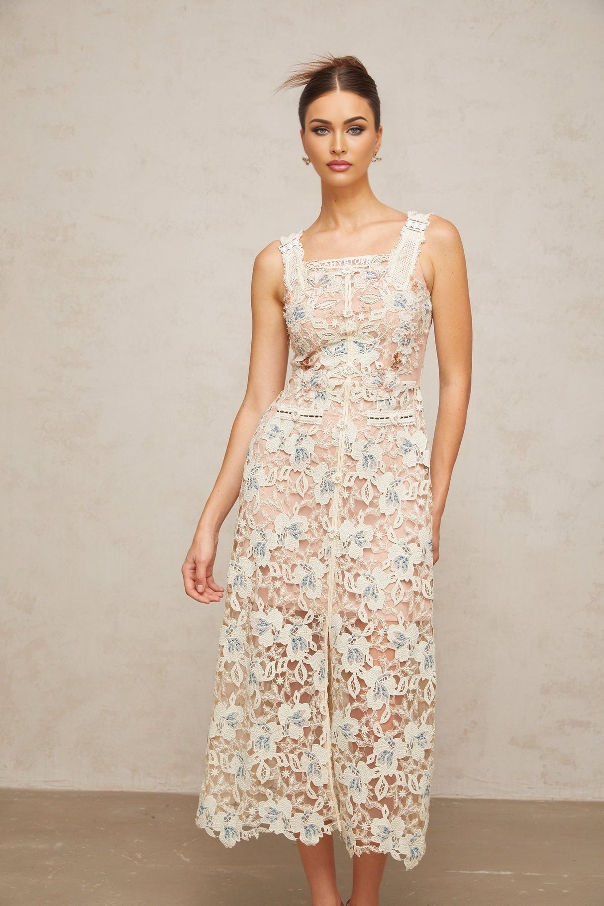 Elaina Midi Dress - Square Neck - Sleeveless - Floral Lace - Front Slit - Crystal Buttons
