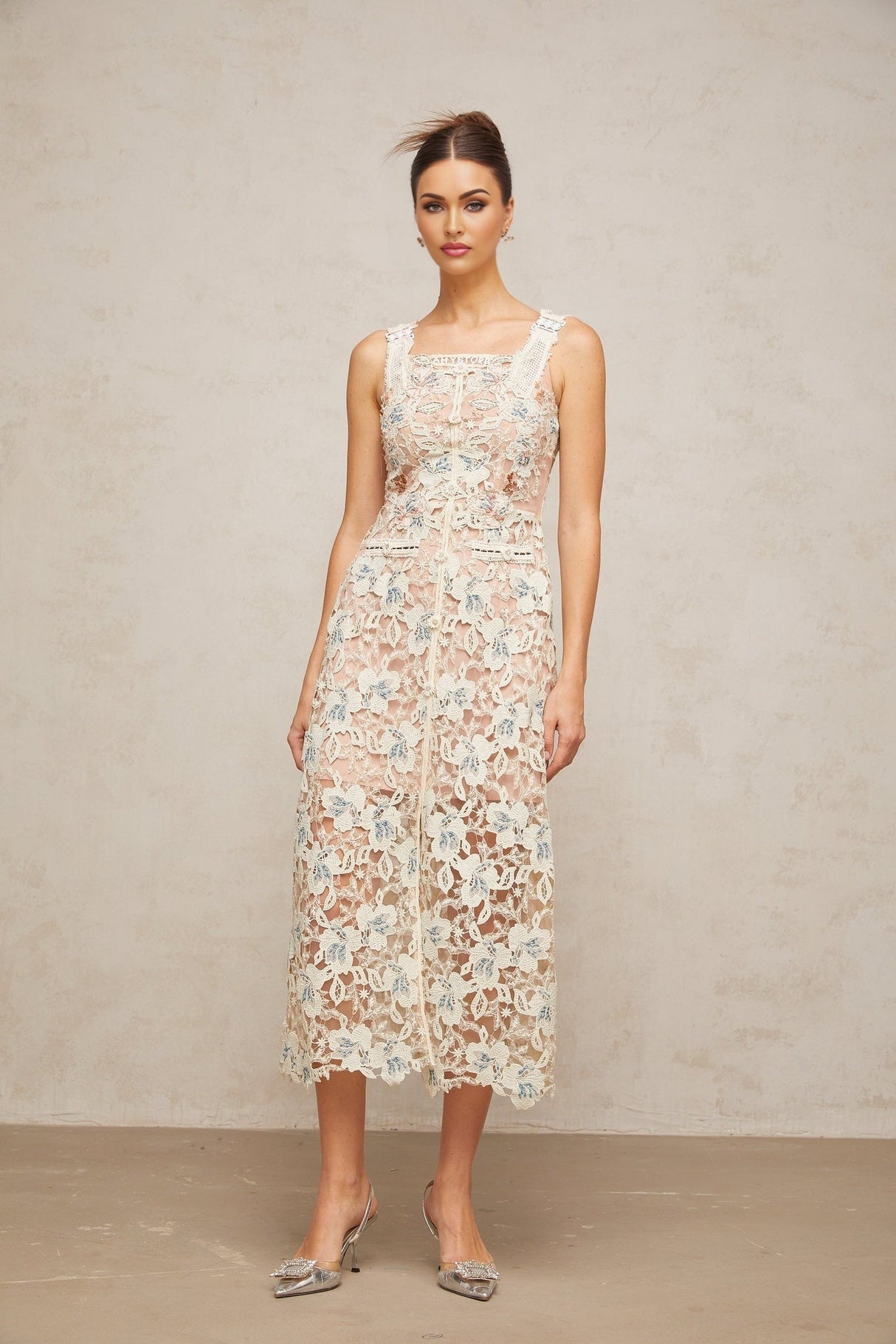 Elaina Midi Dress - Square Neck - Sleeveless - Floral Lace - Front Slit - Crystal Buttons