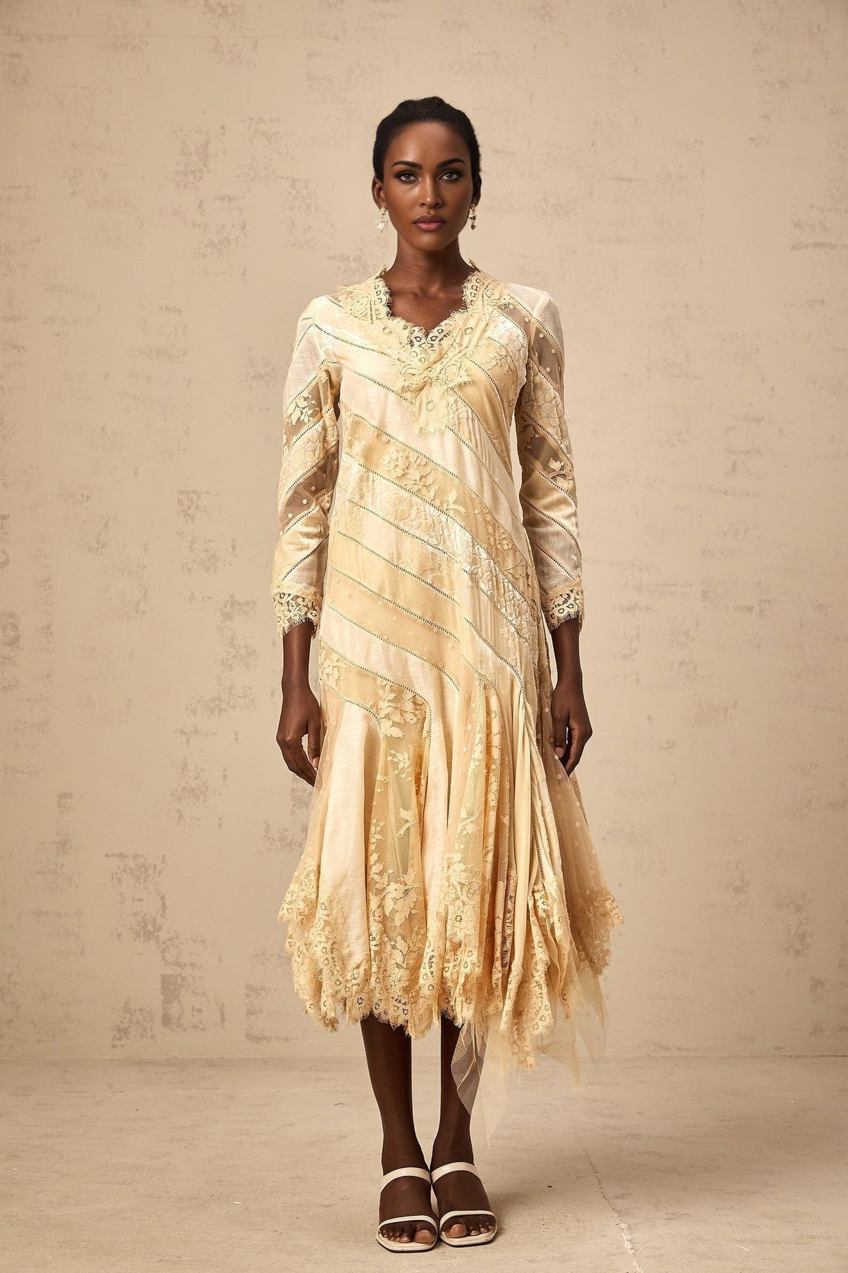 Elaina Midi Dress - V - neck - Panelled Design - Asymmetric Flared Hem - Diagonal Stripe Pattern - Lace Detailing