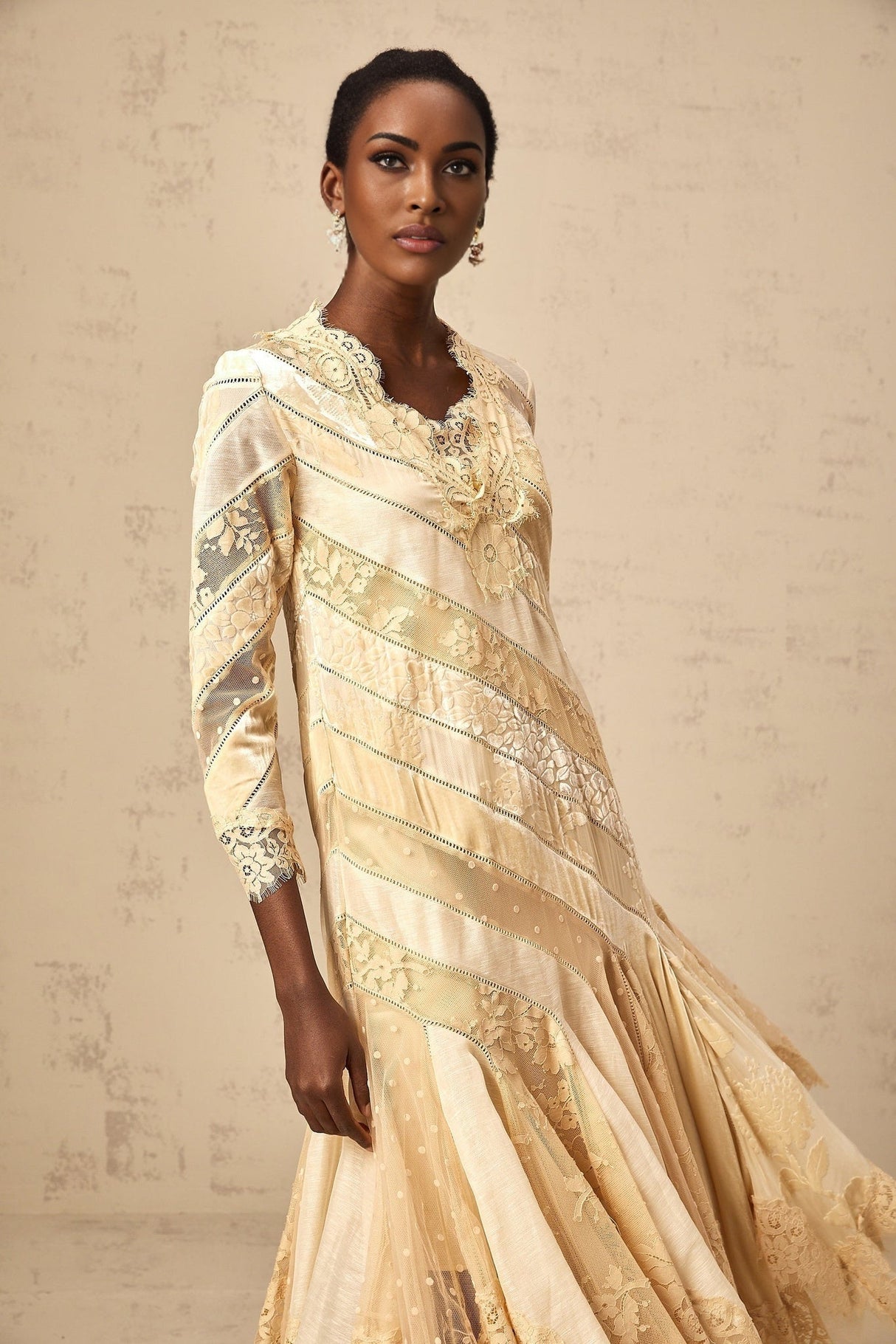 Elaina Midi Dress - V - neck - Panelled Design - Asymmetric Flared Hem - Diagonal Stripe Pattern - Lace Detailing