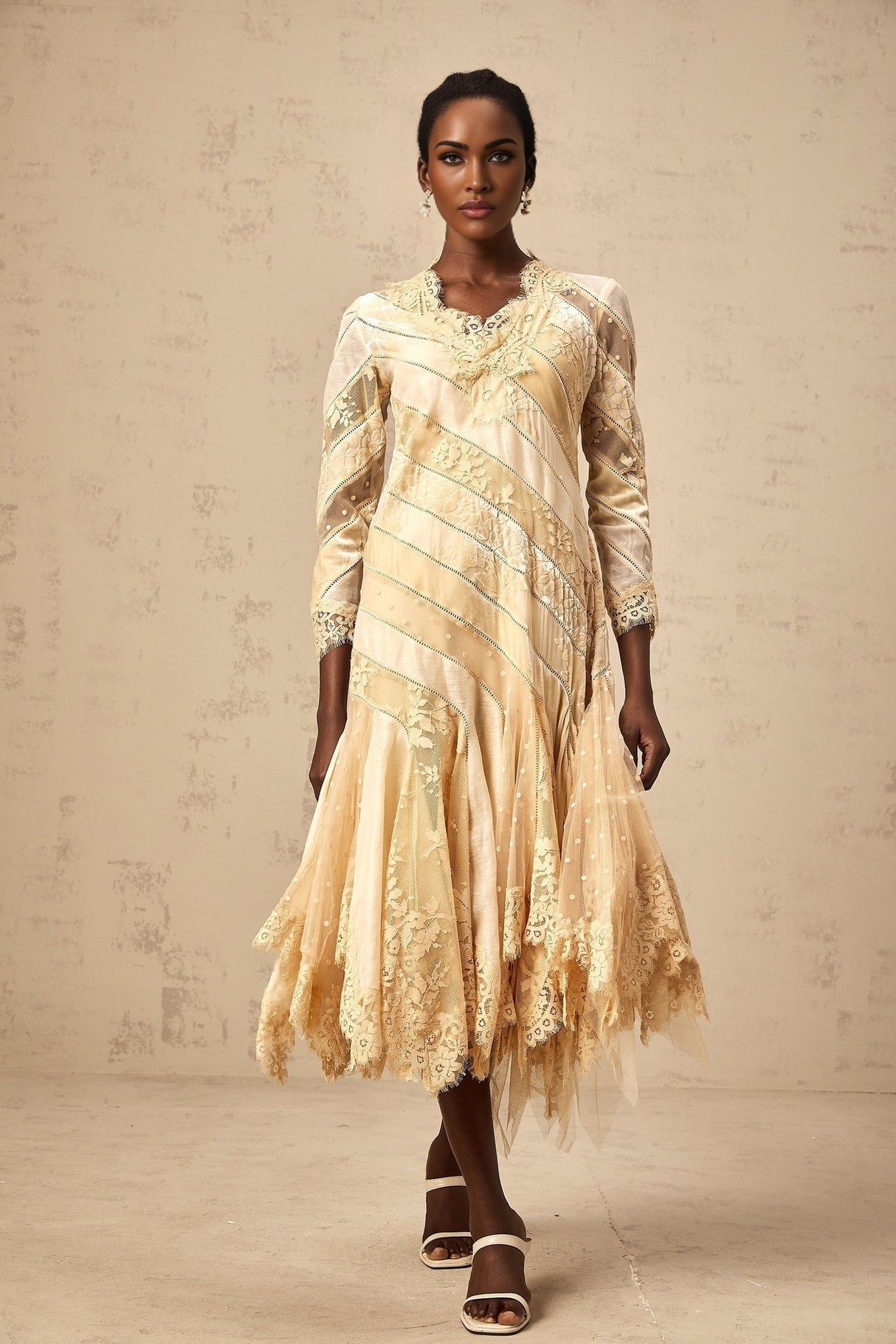 Elaina Midi Dress - V - neck - Panelled Design - Asymmetric Flared Hem - Diagonal Stripe Pattern - Lace Detailing