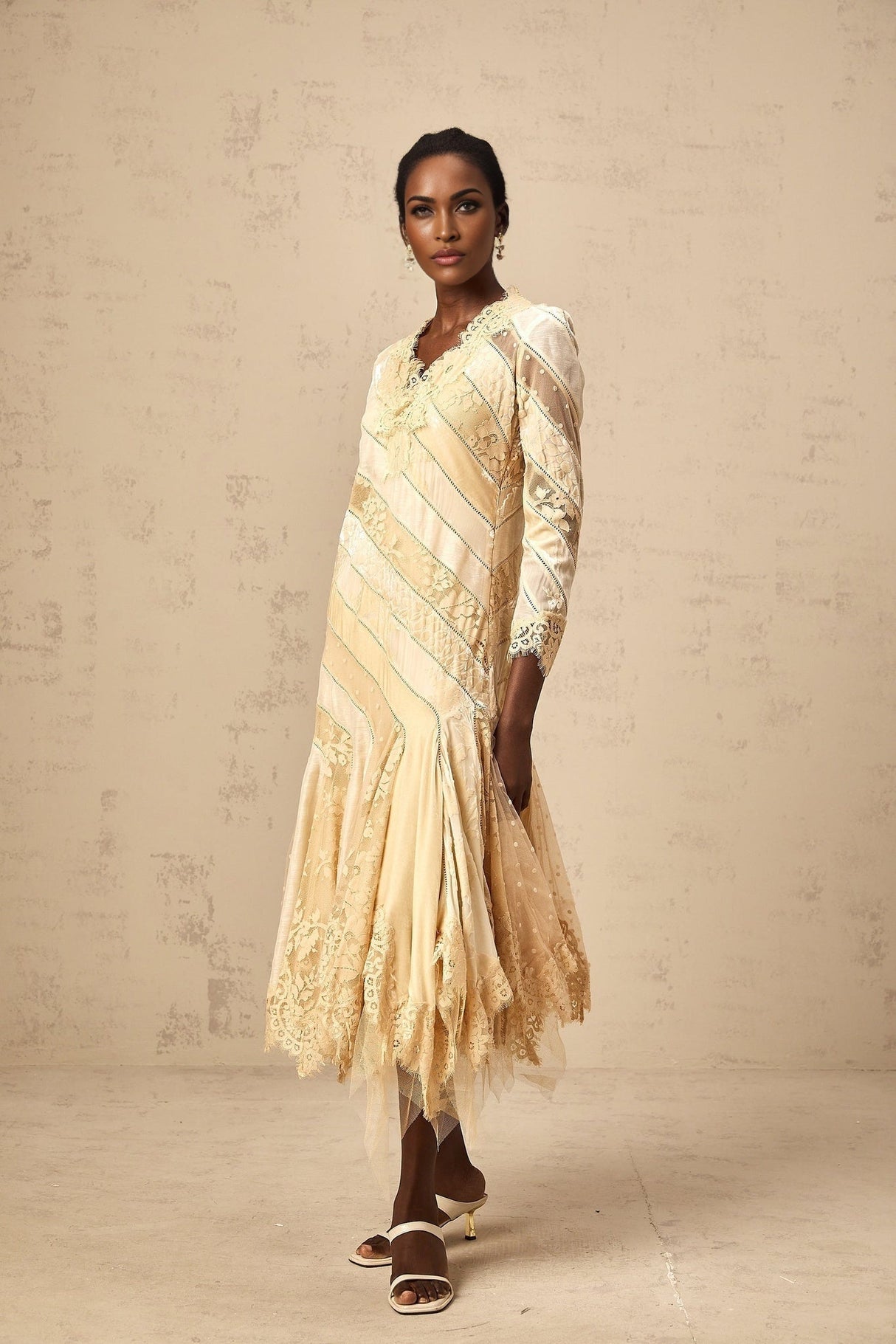 Elaina Midi Dress - V - neck - Panelled Design - Asymmetric Flared Hem - Diagonal Stripe Pattern - Lace Detailing