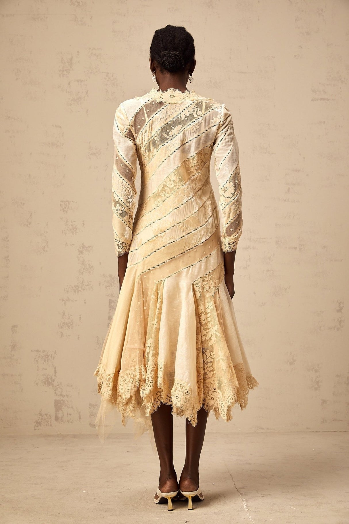 Elaina Midi Dress - V - neck - Panelled Design - Asymmetric Flared Hem - Diagonal Stripe Pattern - Lace Detailing