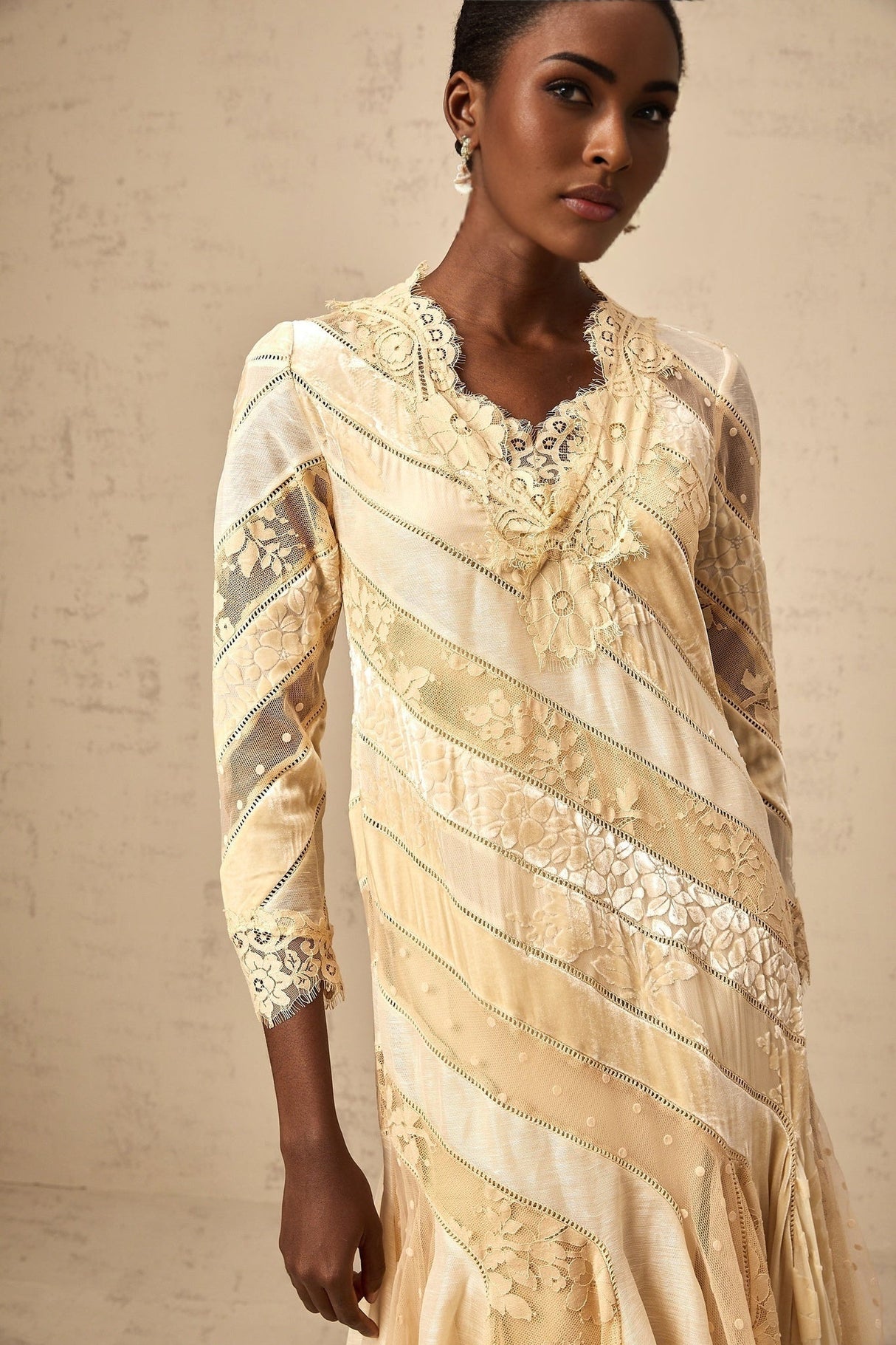 Elaina Midi Dress - V - neck - Panelled Design - Asymmetric Flared Hem - Diagonal Stripe Pattern - Lace Detailing