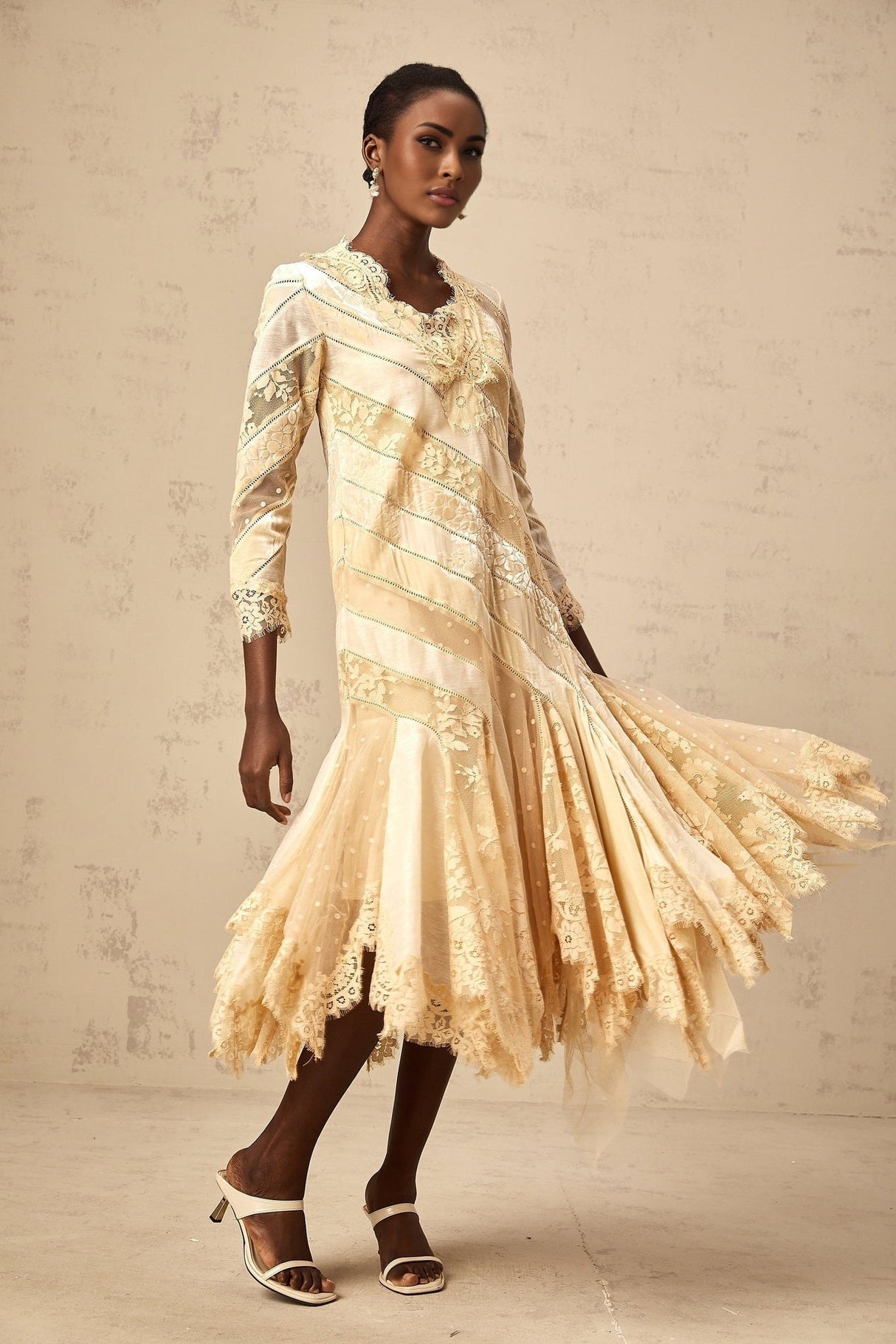 Elaina Midi Dress - V - neck - Panelled Design - Asymmetric Flared Hem - Diagonal Stripe Pattern - Lace Detailing