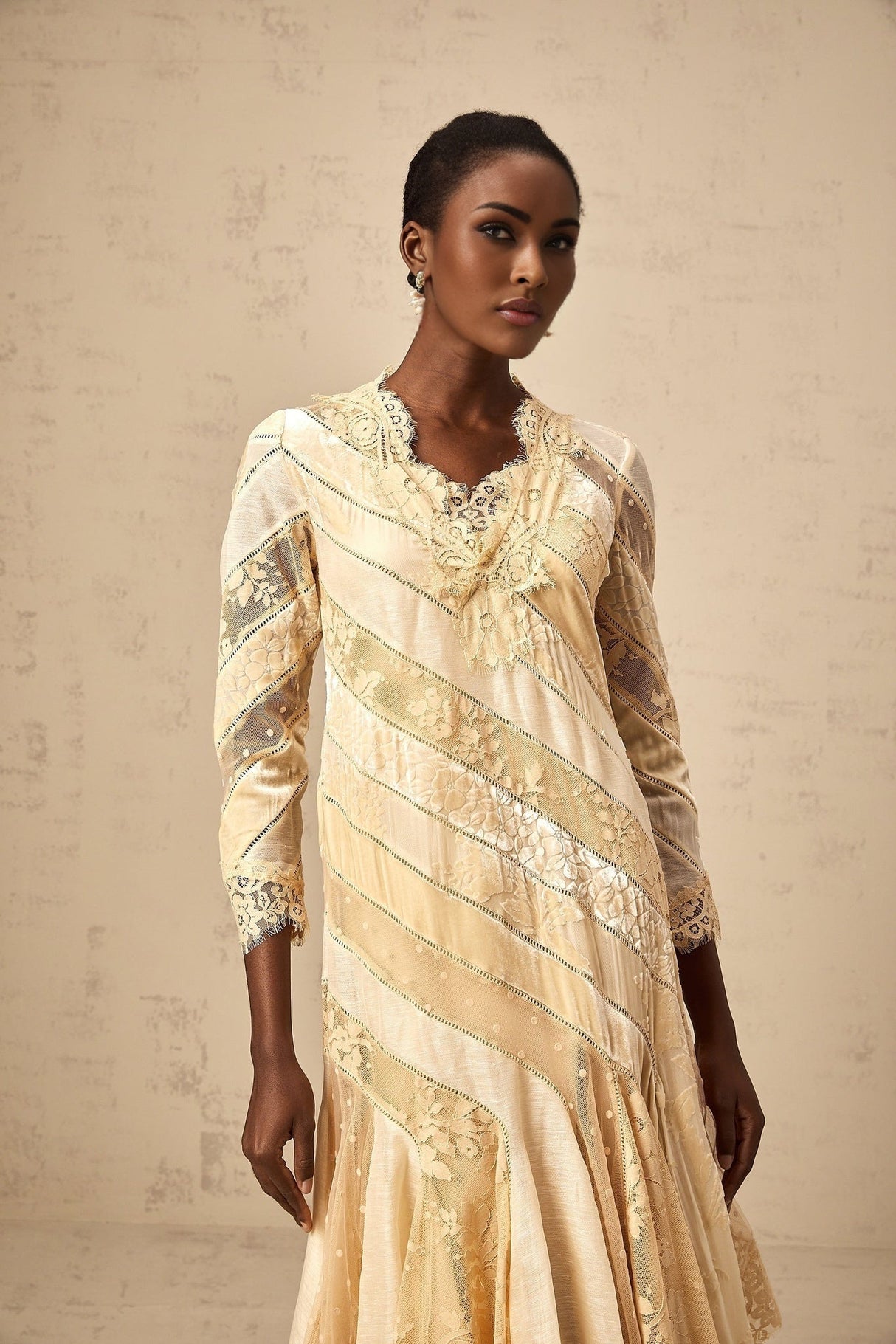 Elaina Midi Dress - V - neck - Panelled Design - Asymmetric Flared Hem - Diagonal Stripe Pattern - Lace Detailing