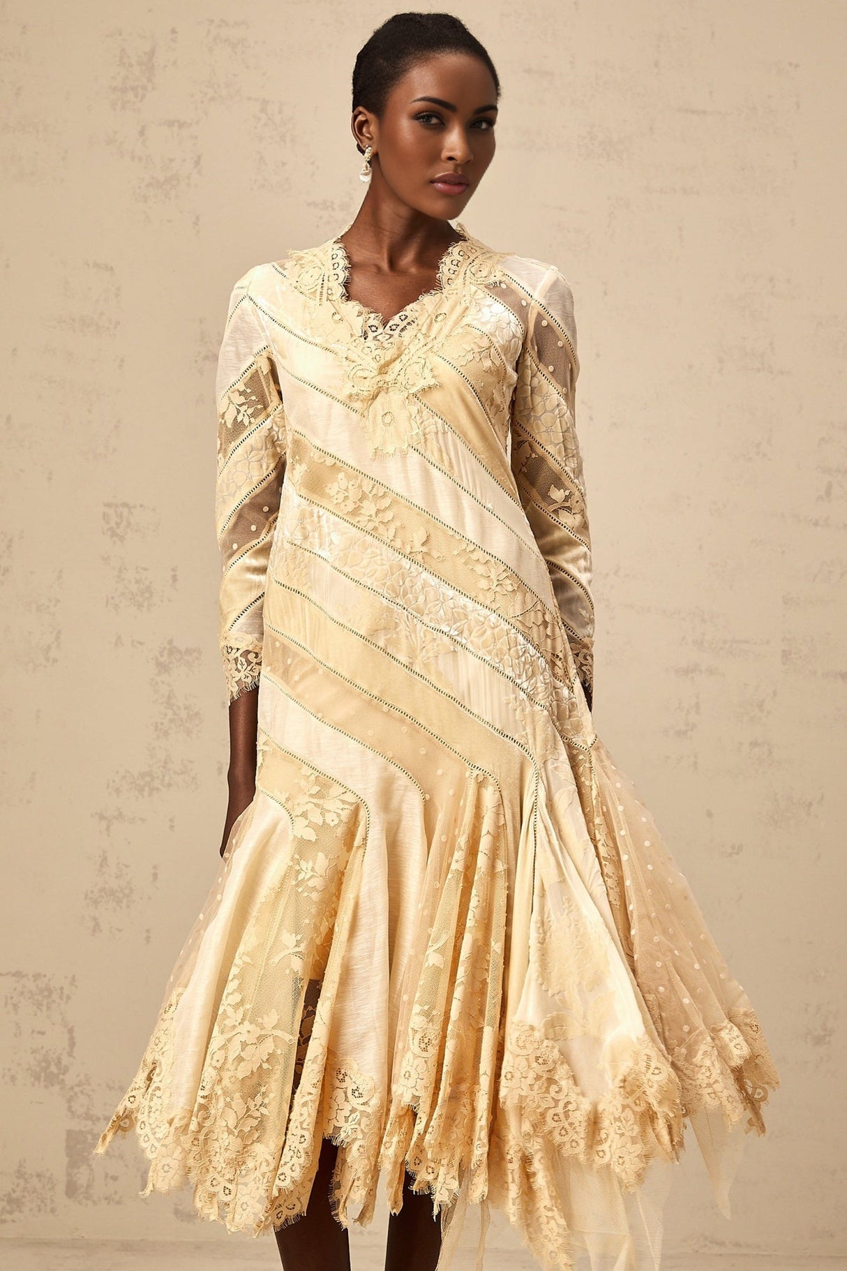 Elaina Midi Dress - V - neck - Panelled Design - Asymmetric Flared Hem - Diagonal Stripe Pattern - Lace Detailing