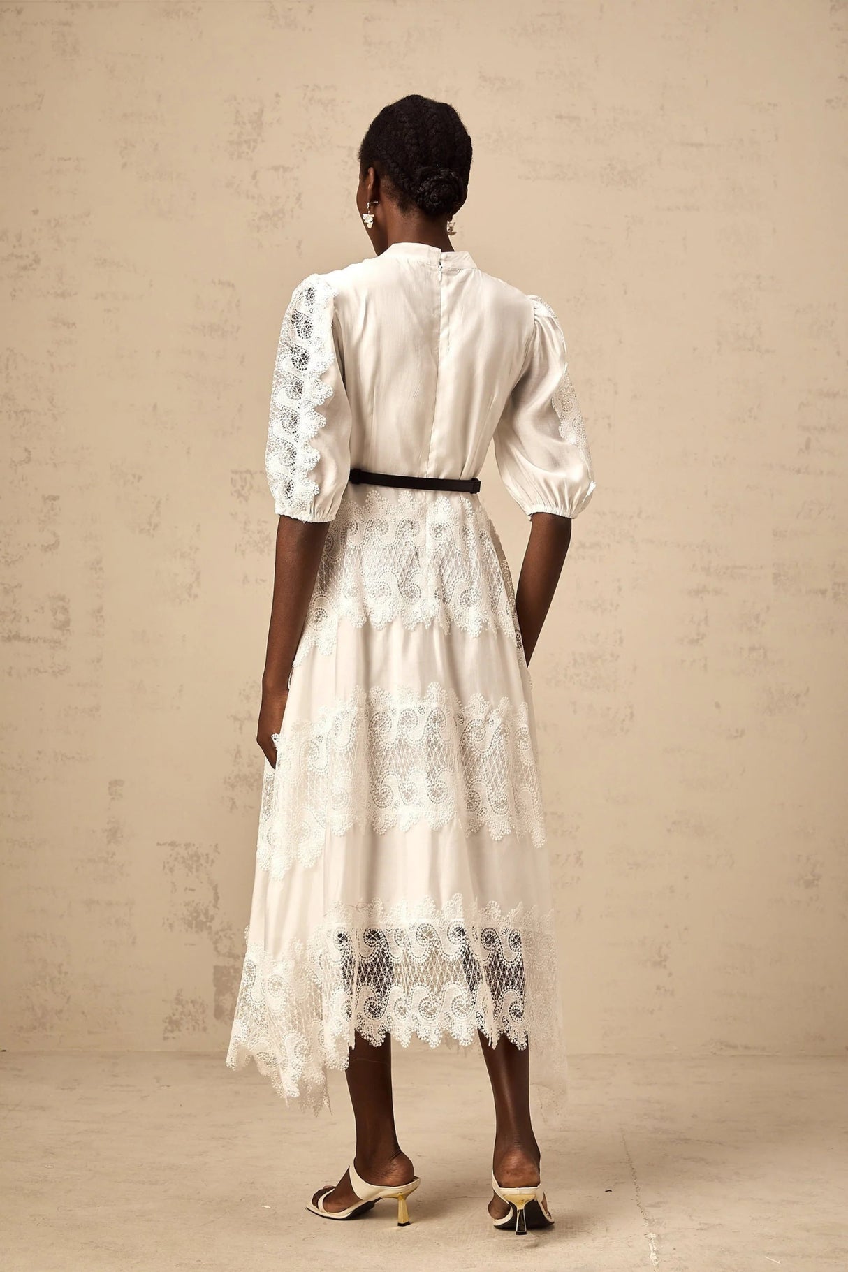 Elaina Midi Dress White Lace - Trim Panelled & Belted
