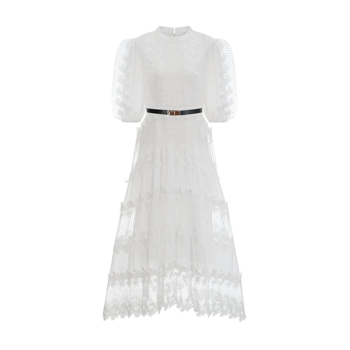 Elaina Midi Dress White Lace - Trim Panelled & Belted