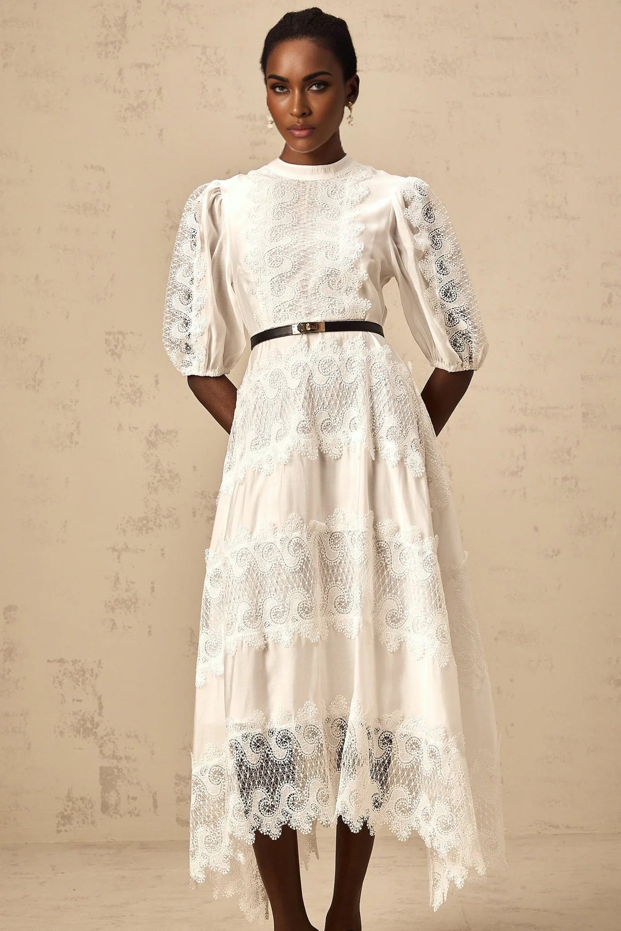 Elaina Midi Dress White Lace - Trim Panelled & Belted