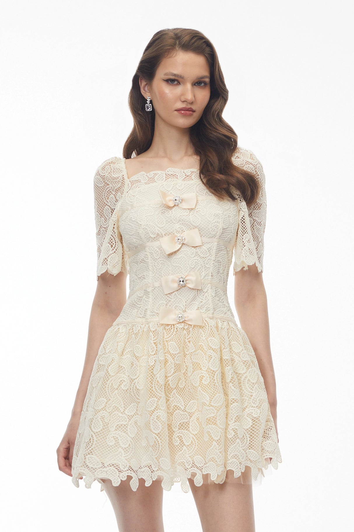 Elara White Lace Mini Dress with Embellishment